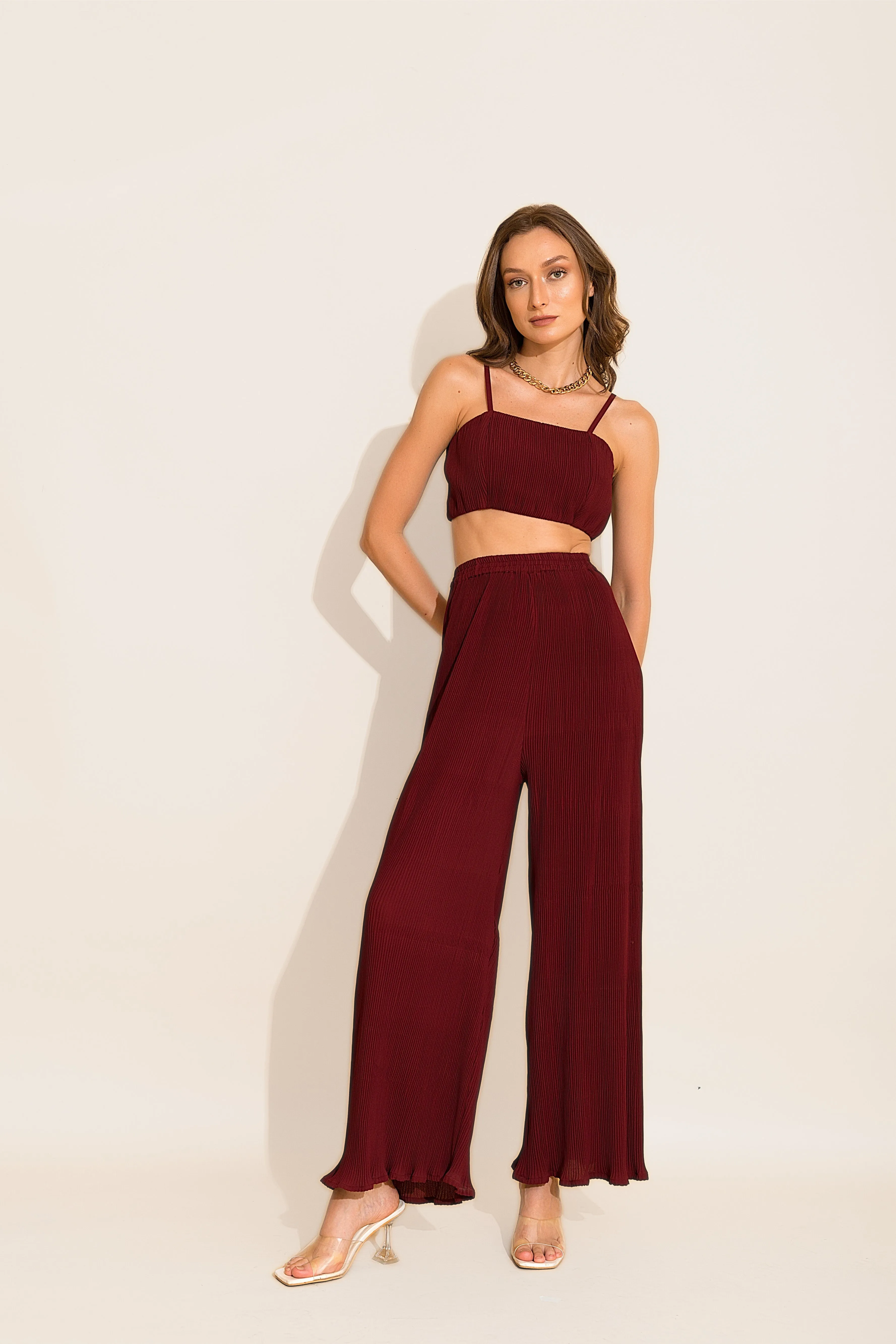 Maroon Micro Pleated Loungewear Pants