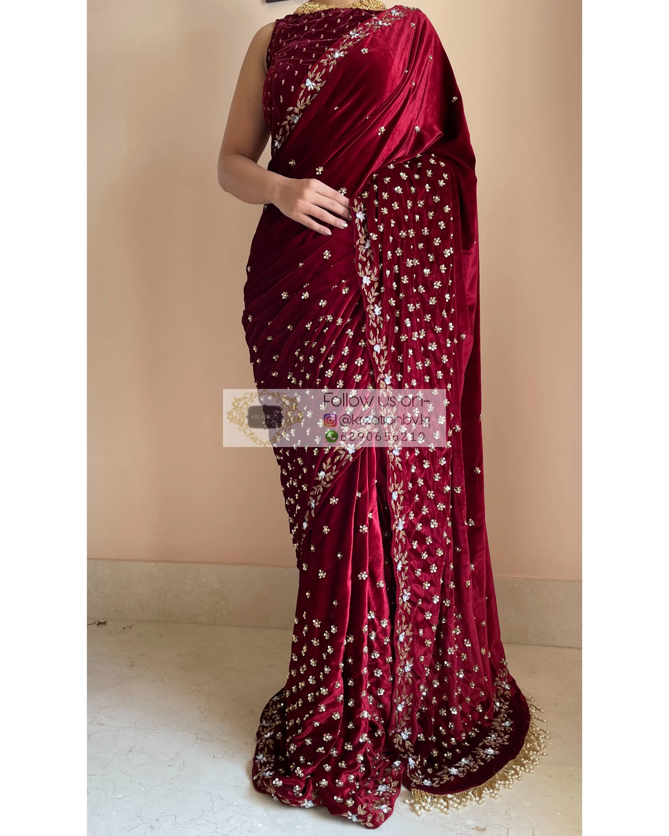 Maroon Velvet Badan pe Sitare Saree