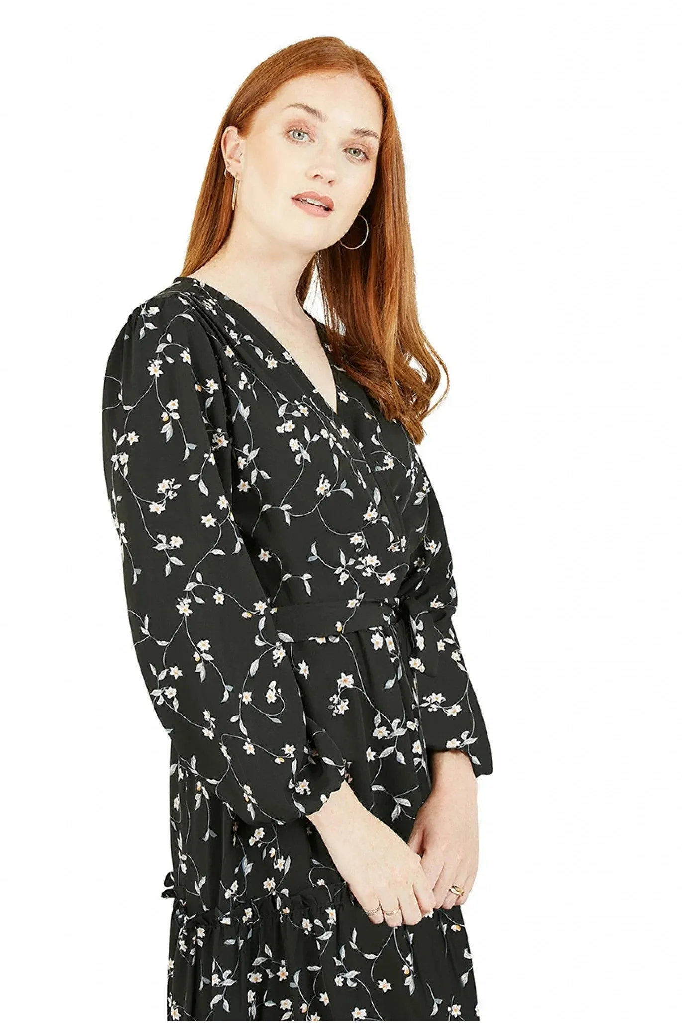 Mela London Black Floral Wrap Dress With Frill Hem