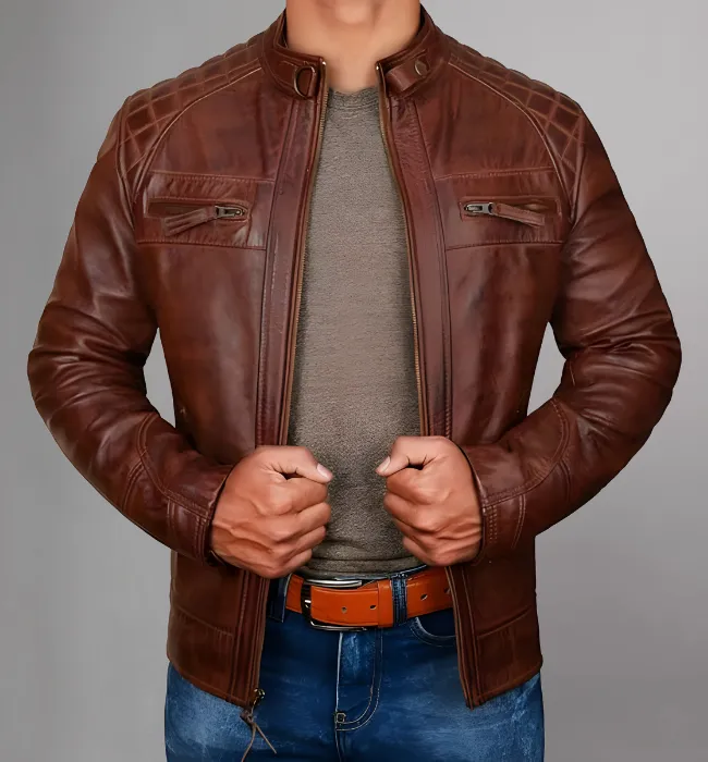 Men Genuine Distressed Leather Biker Jacket