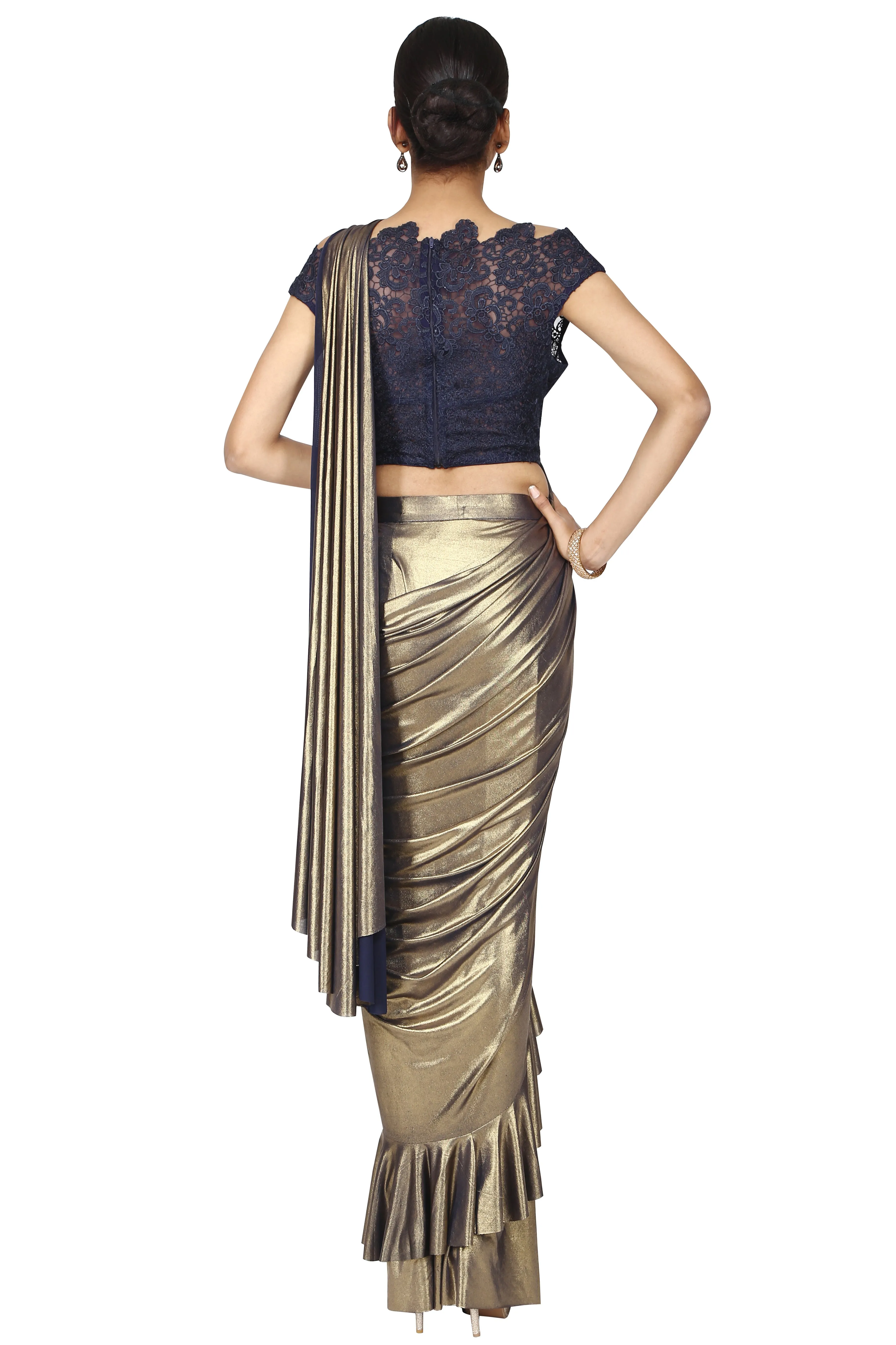 Metallic bronze golden with blue drape saree.