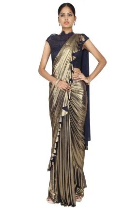 Metallic bronze golden with blue drape saree.