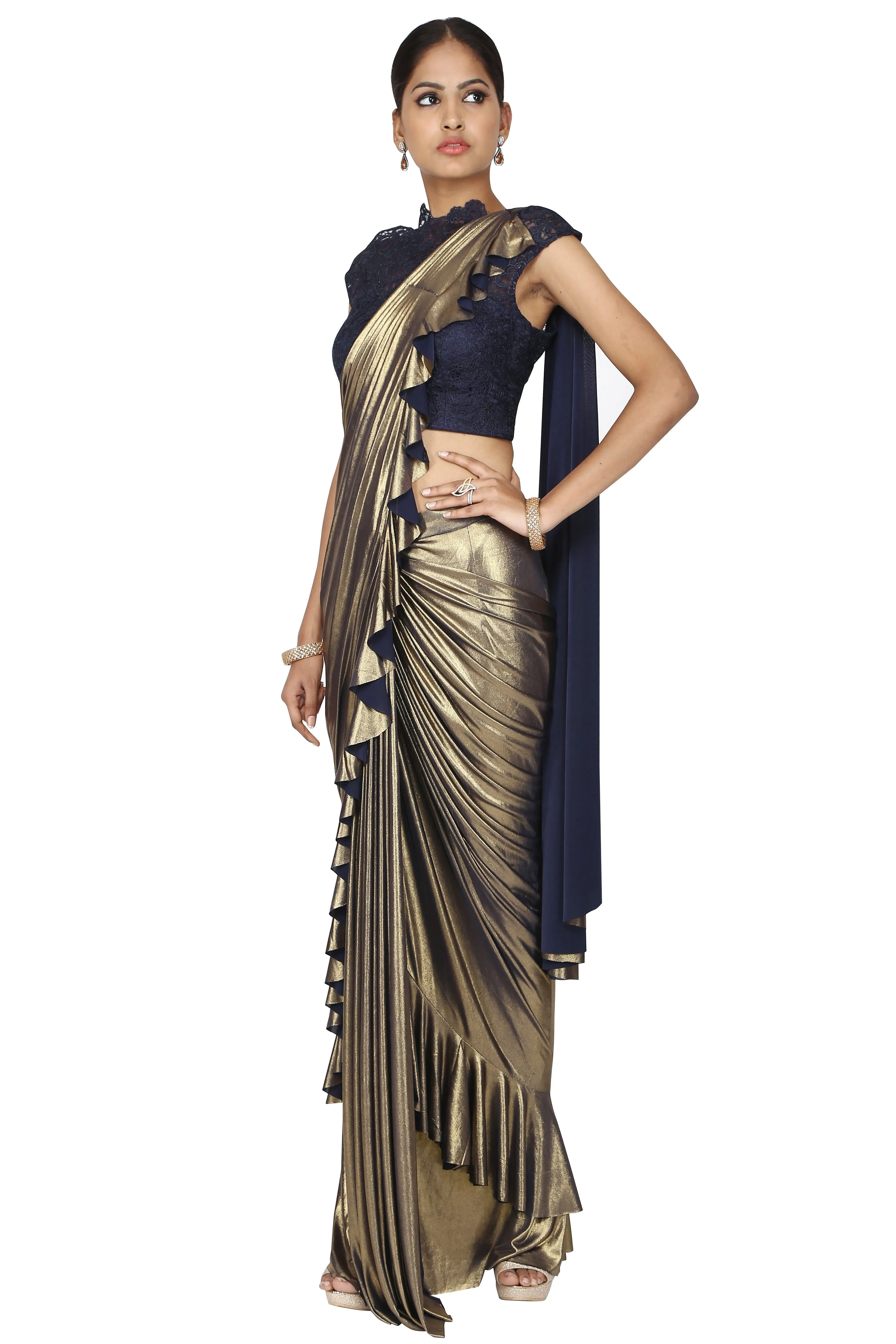 Metallic bronze golden with blue drape saree.