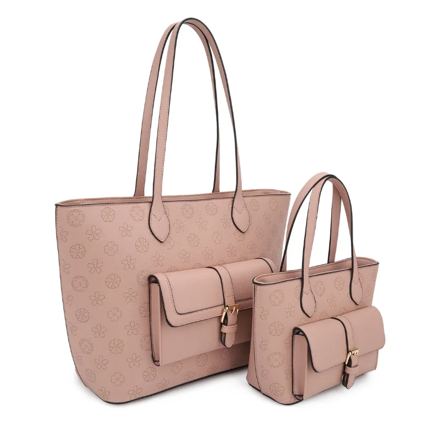 Monogram belted front pocket tote set - light mauve