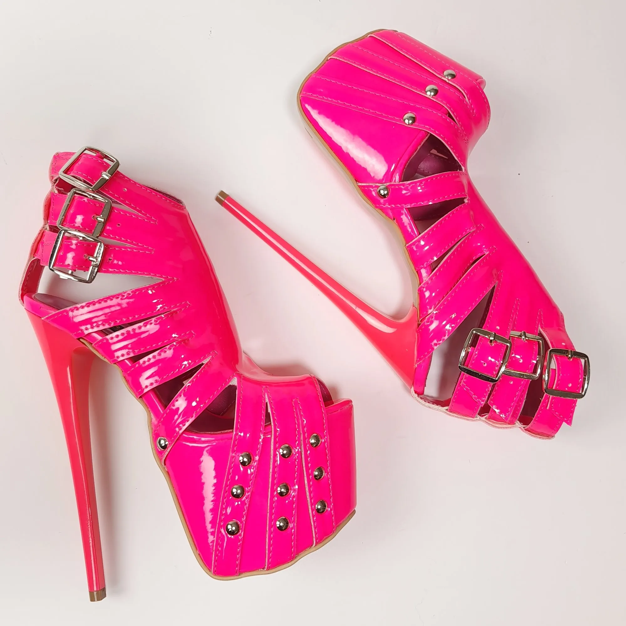 Multi Belted Pink Neon Ankle Cut Pin High Heels