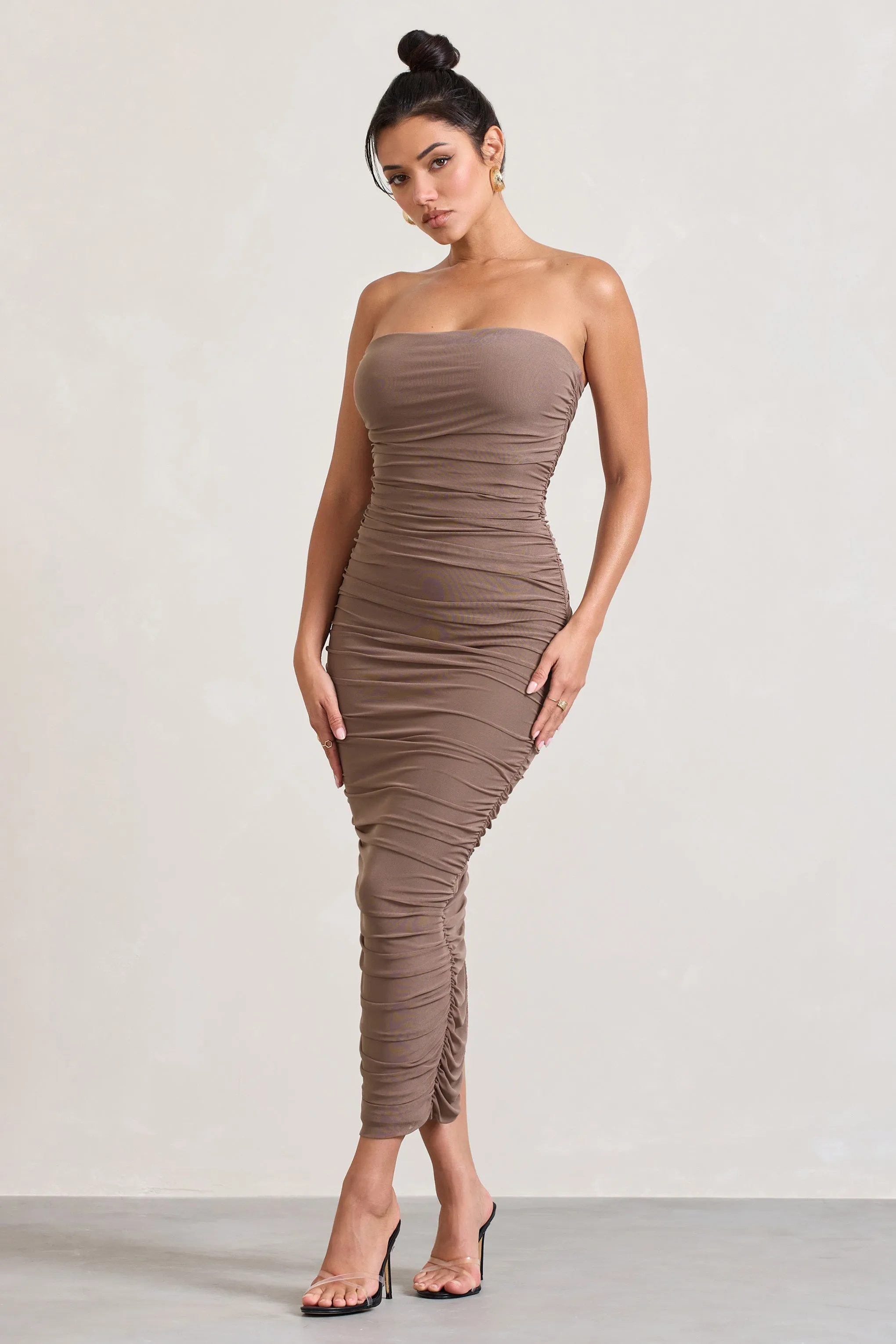 My Lady | Mocha Strapless Bodycon Ruched Mesh Maxi Dress