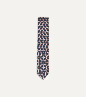 Navy and Red Geometric Medallion Print Silk Foulard Tie