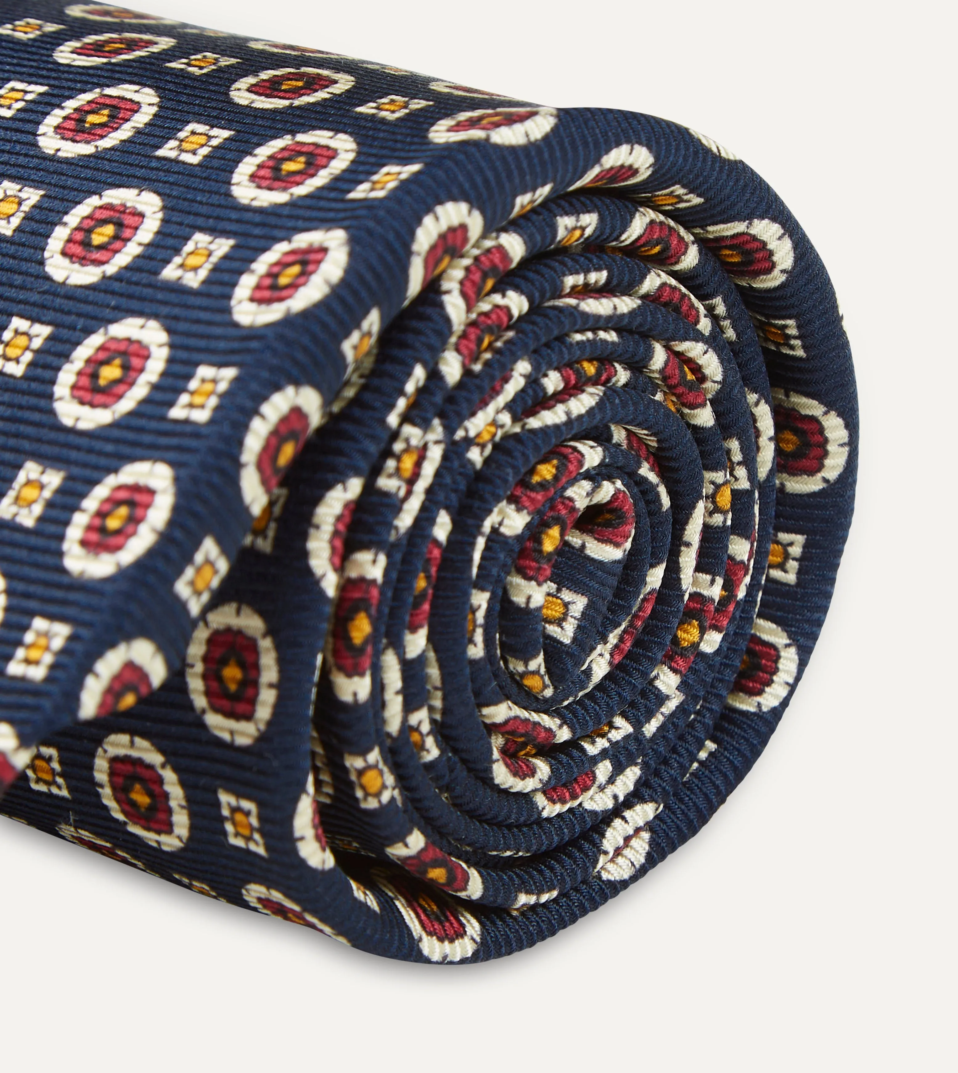 Navy and Red Geometric Medallion Print Silk Foulard Tie