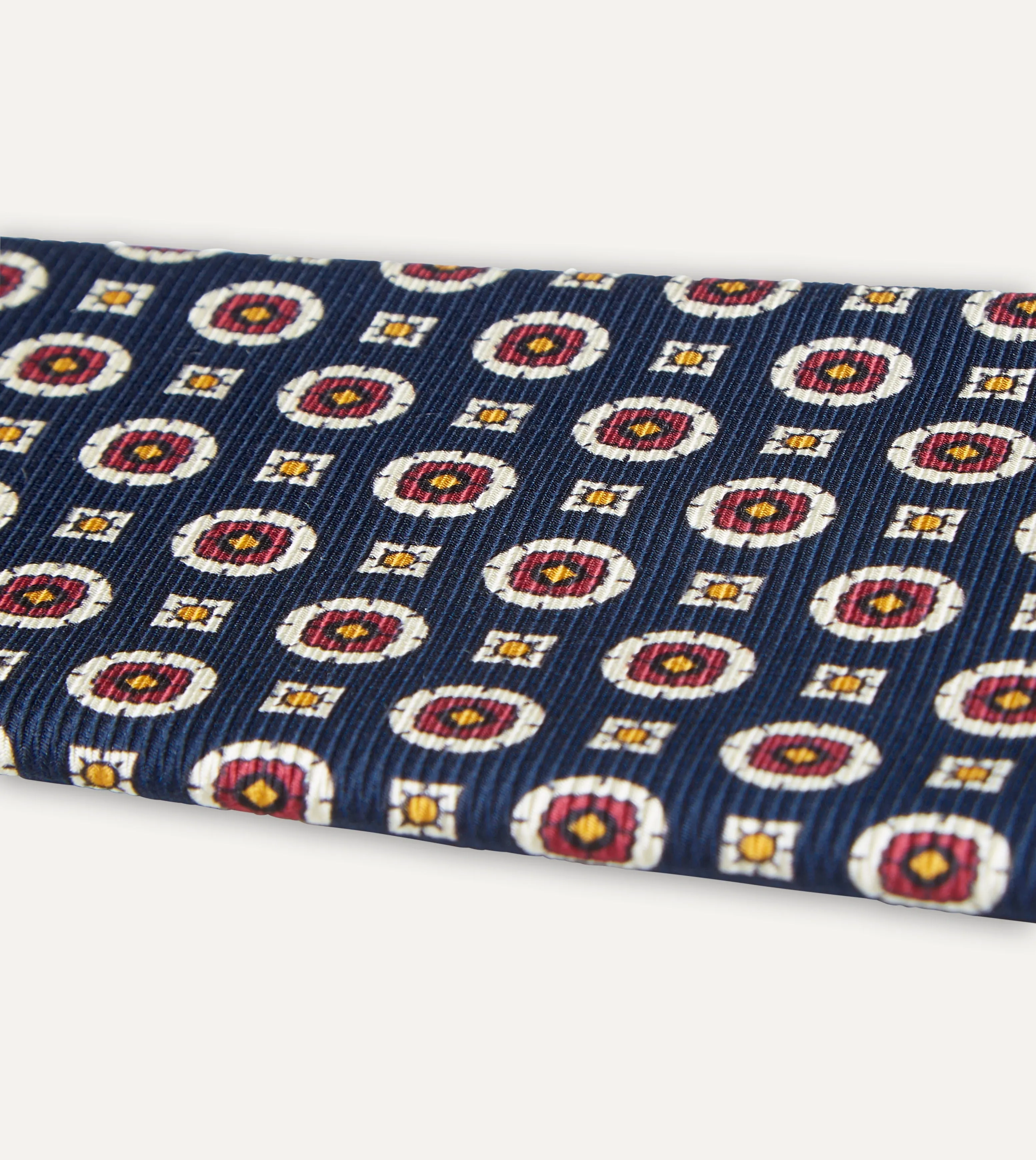 Navy and Red Geometric Medallion Print Silk Foulard Tie