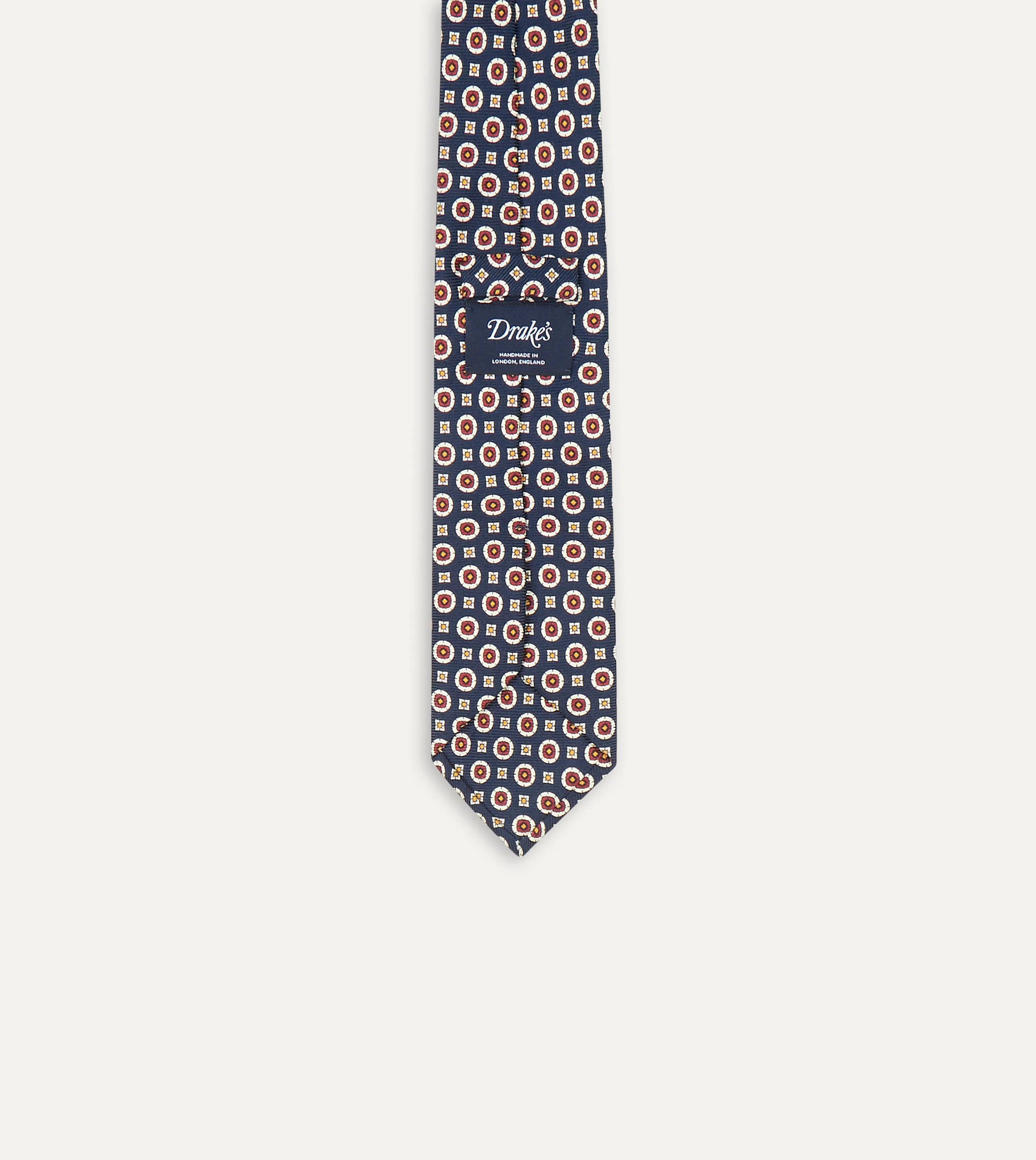 Navy and Red Geometric Medallion Print Silk Foulard Tie