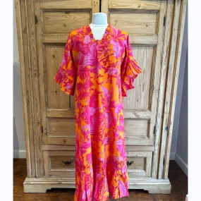 Orange/Pink Palm Flutter Sleeve Dress