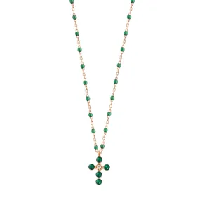 Pearled Cross Diamond Necklace, Emerald, Rose Gold, 16.5"