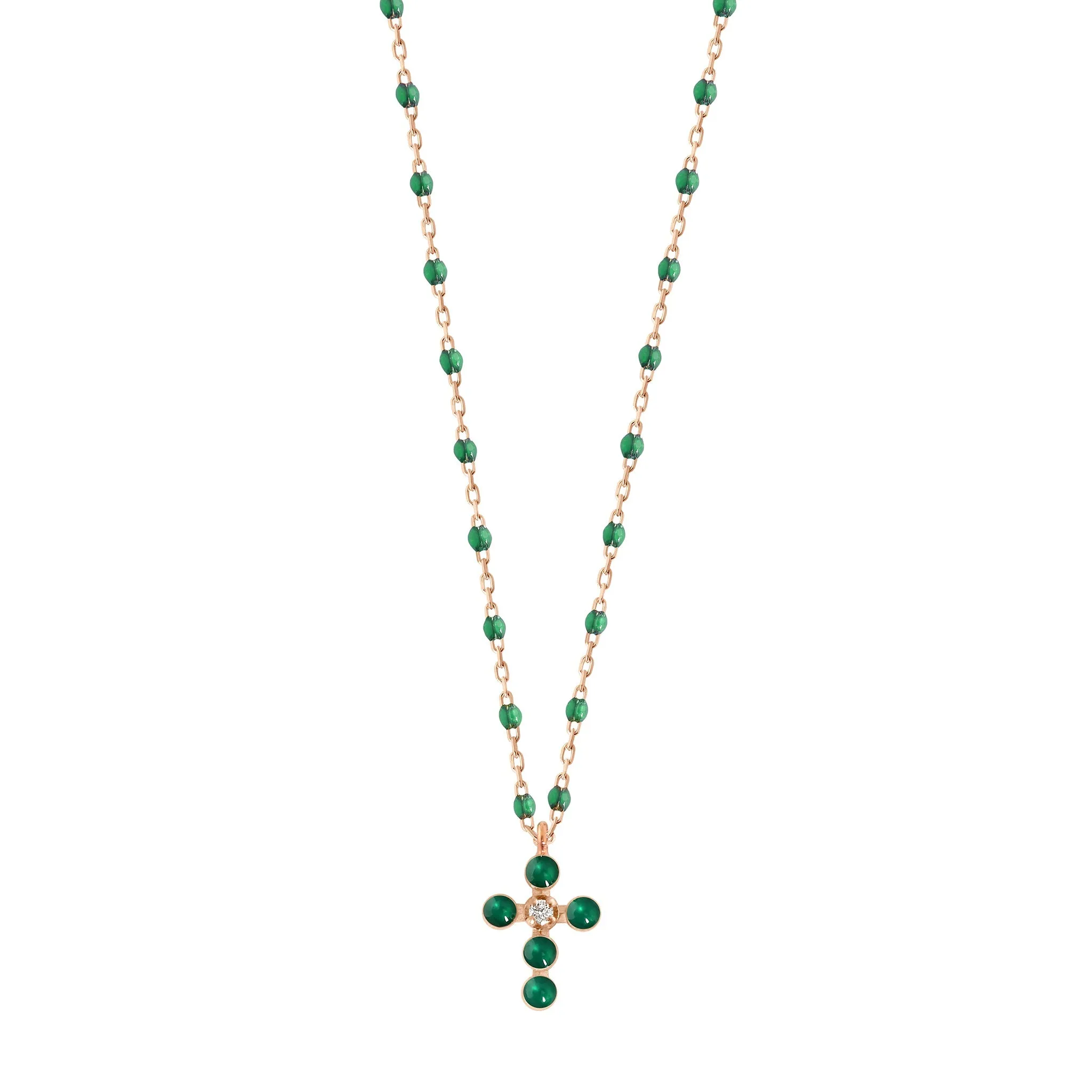 Pearled Cross Diamond Necklace, Emerald, Rose Gold, 16.5"