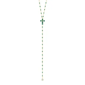 Pearled Cross Diamond Rosary, Emerald, Yellow Gold