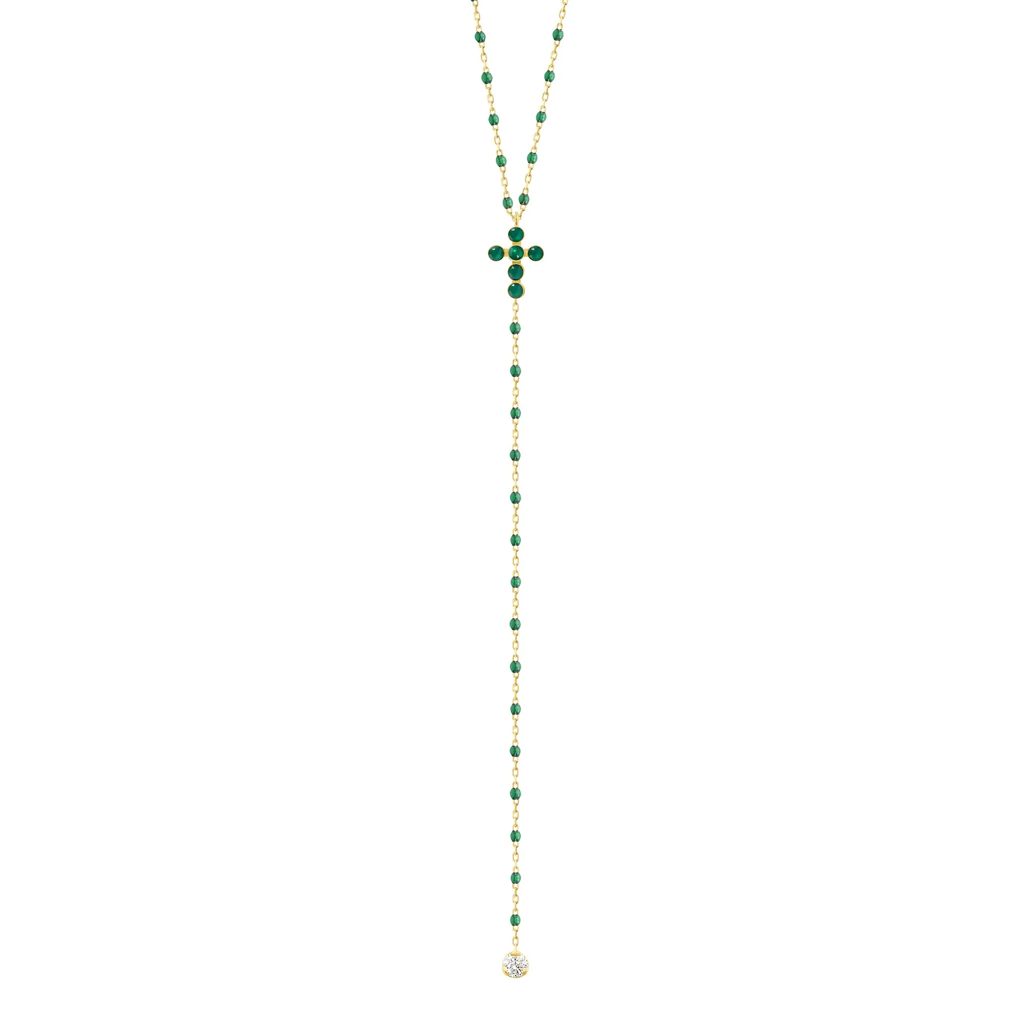 Pearled Cross Diamond Rosary, Emerald, Yellow Gold