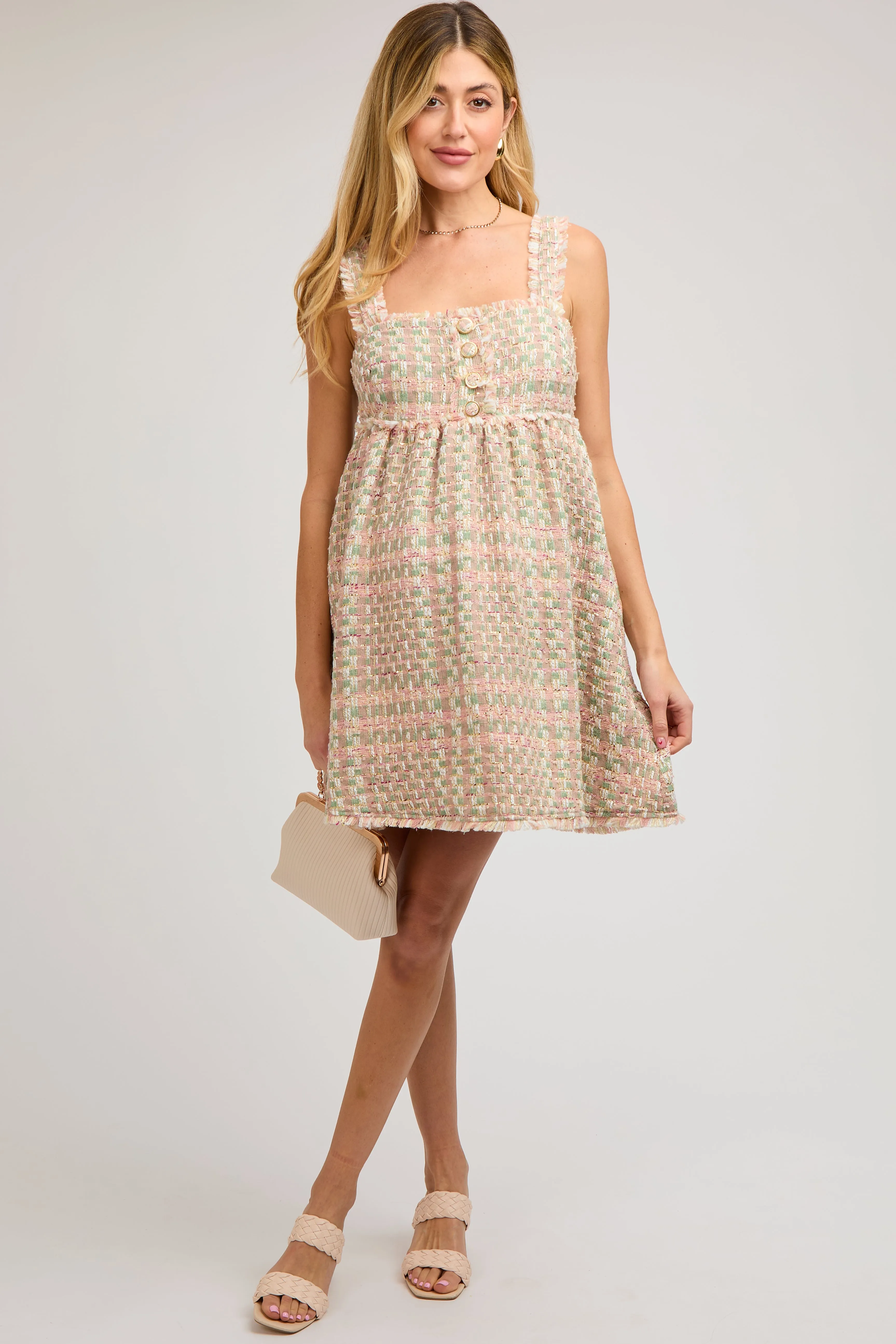 Pink Multi-Color Knit Gingham Sleeveless Maternity Dress