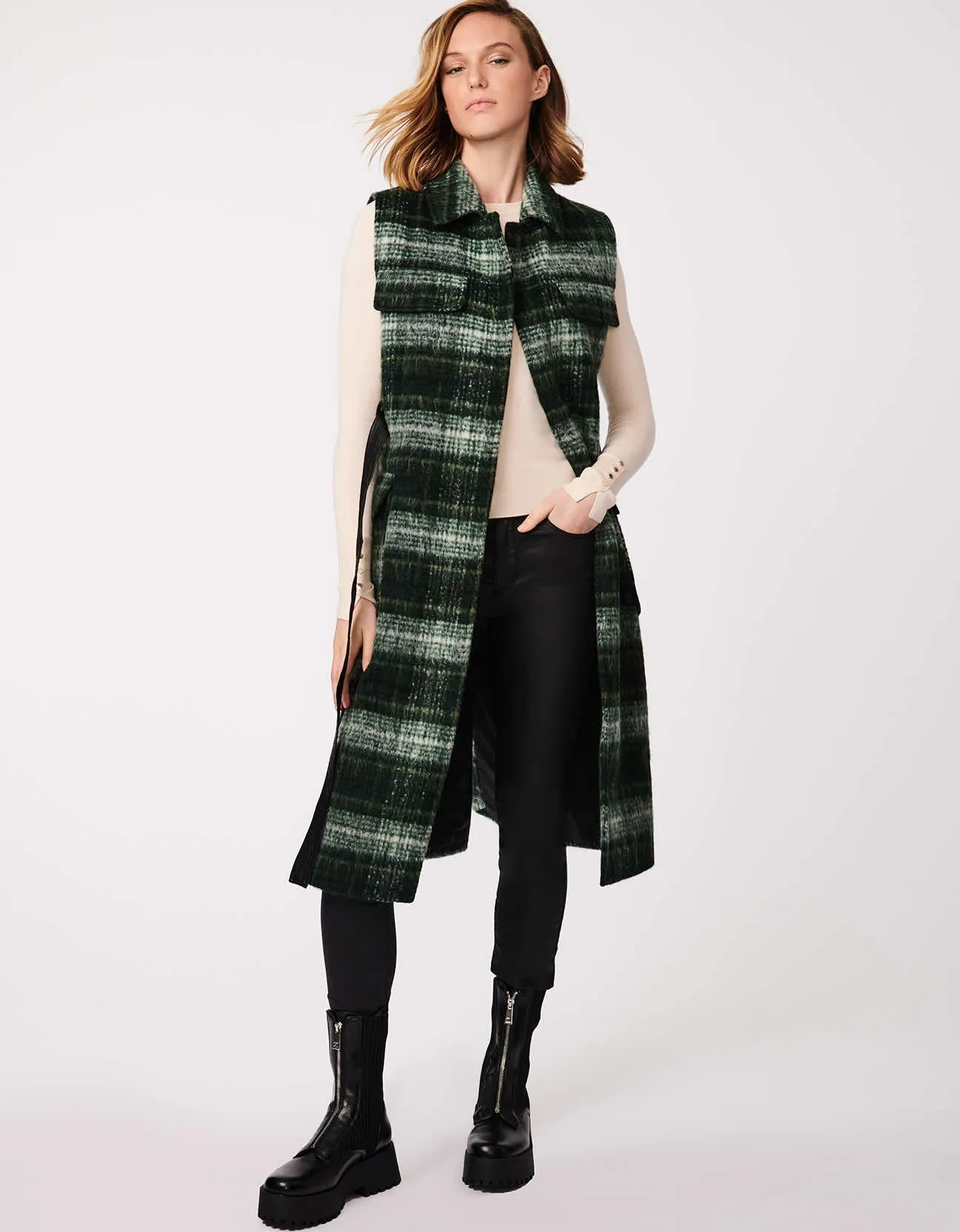 Plaid Belted Long Wool Vest