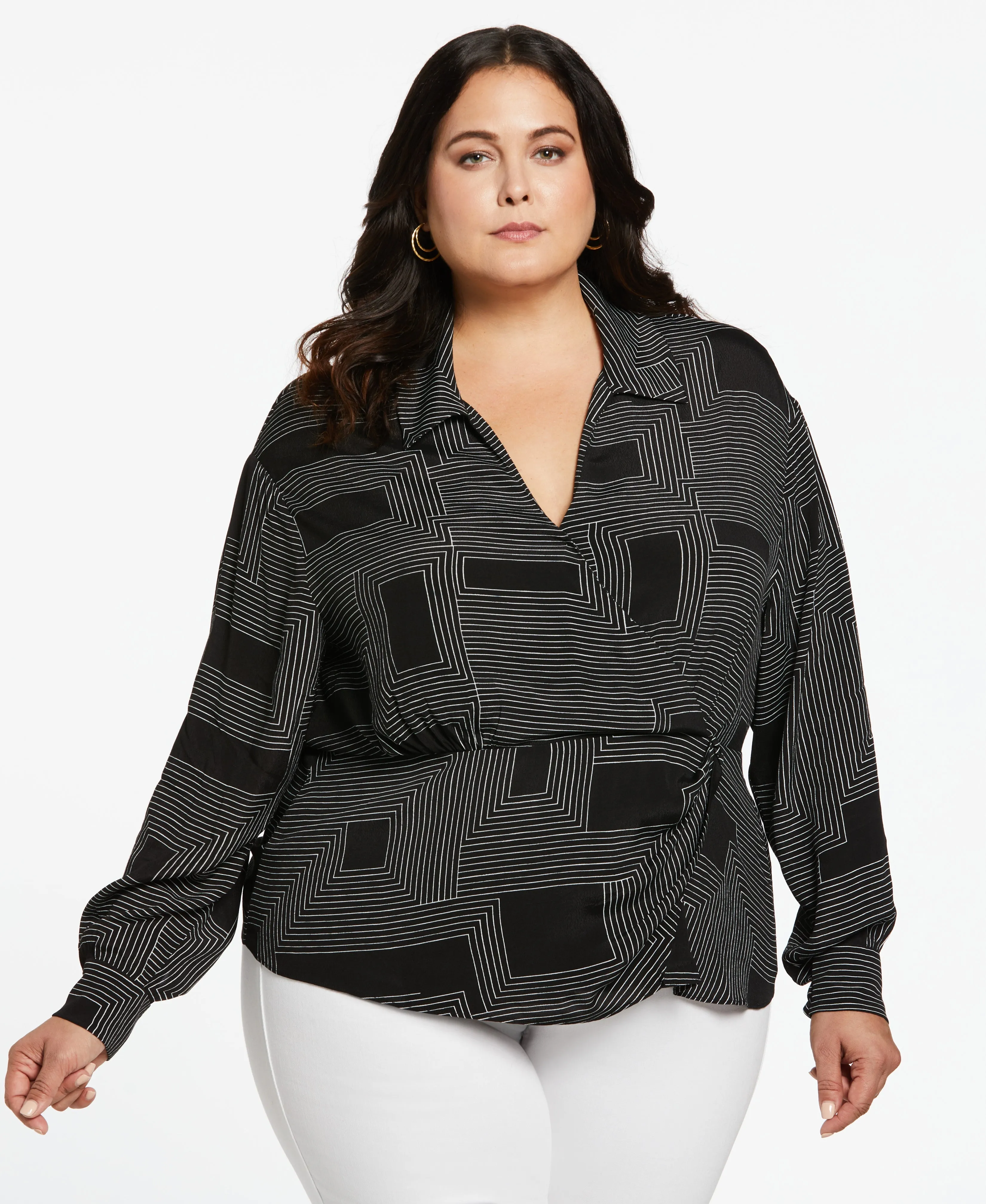 Plus Size Eco Fabric Long Sleeve Faux Wrap Blouse