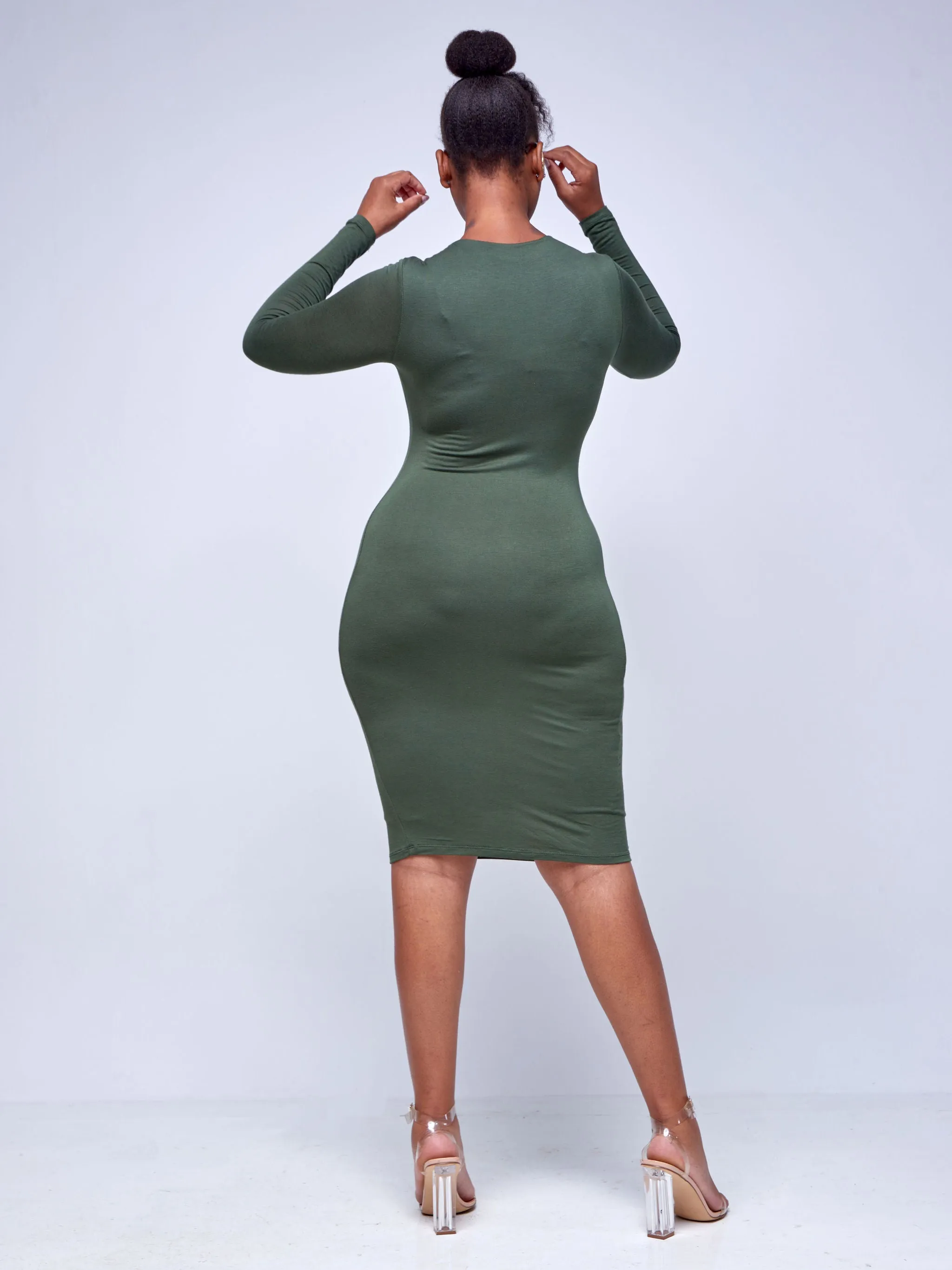 Popular 21 Long-Sleeve Double Layer Midi Dress - Olive Green