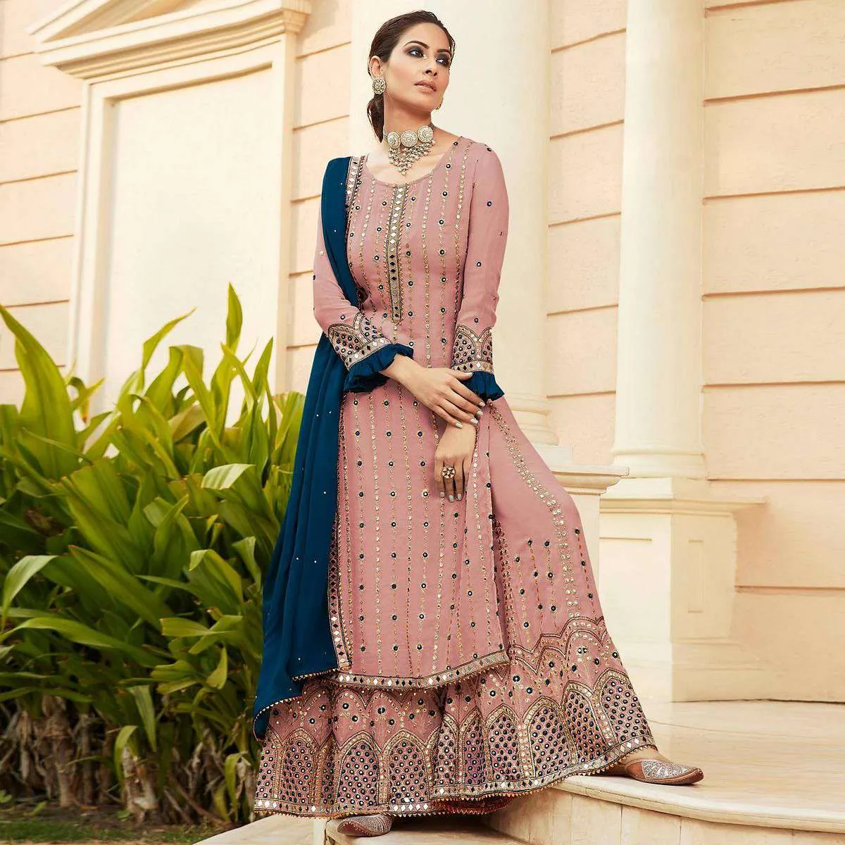 Preferable Partywear Embroidered Georgette Palazzo Suit