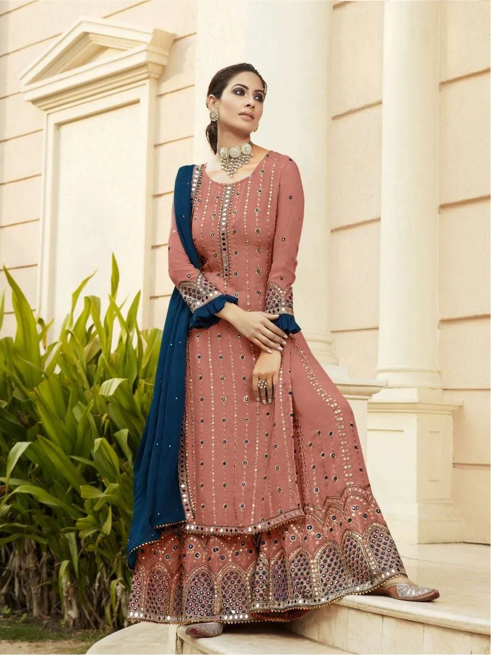 Preferable Partywear Embroidered Georgette Palazzo Suit