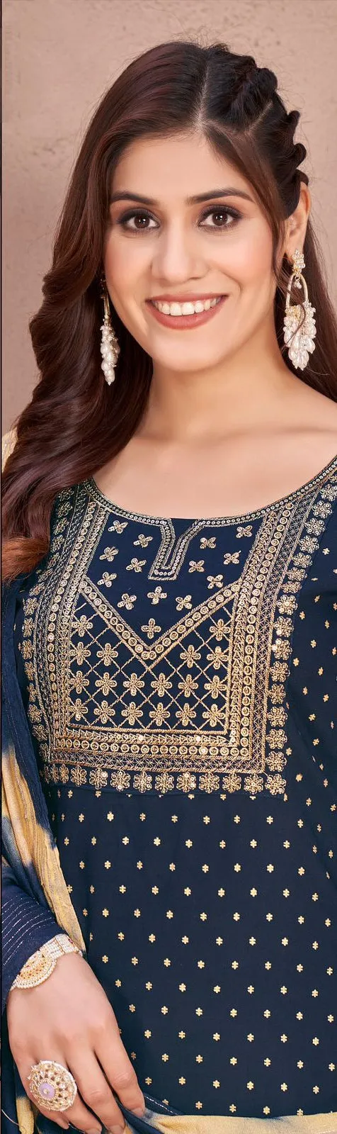 Rayon Embroidery Sequence Party Wear Women's Kurta Suit Navy Blue