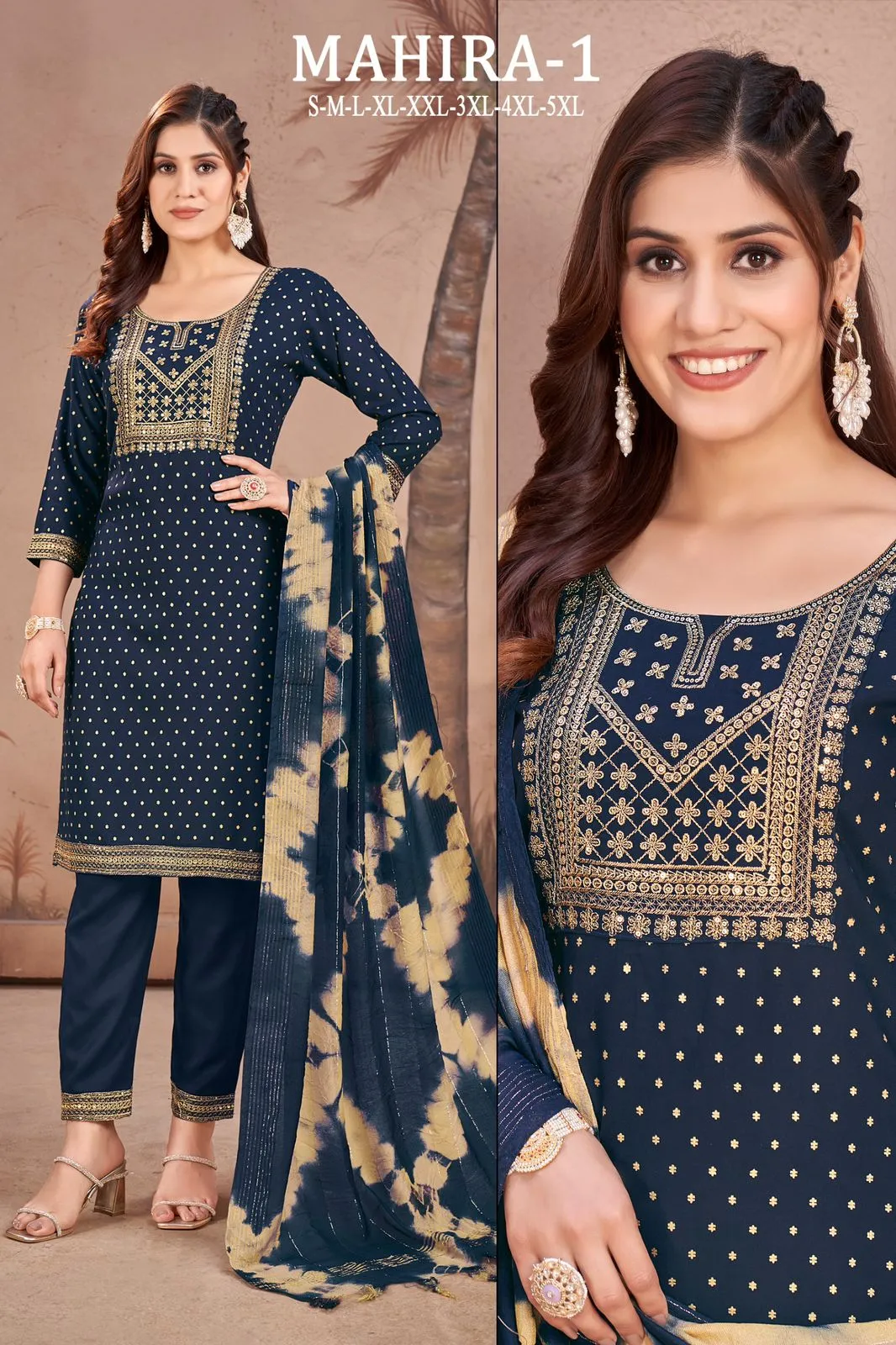 Rayon Embroidery Sequence Party Wear Women's Kurta Suit Navy Blue