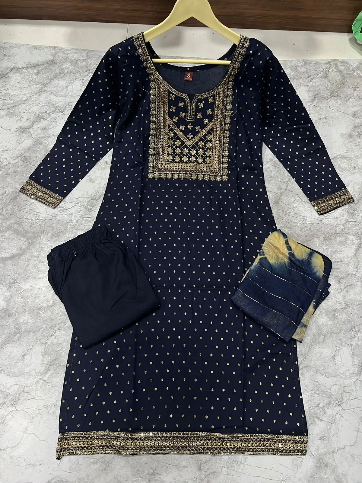 Rayon Embroidery Sequence Party Wear Women's Kurta Suit Navy Blue