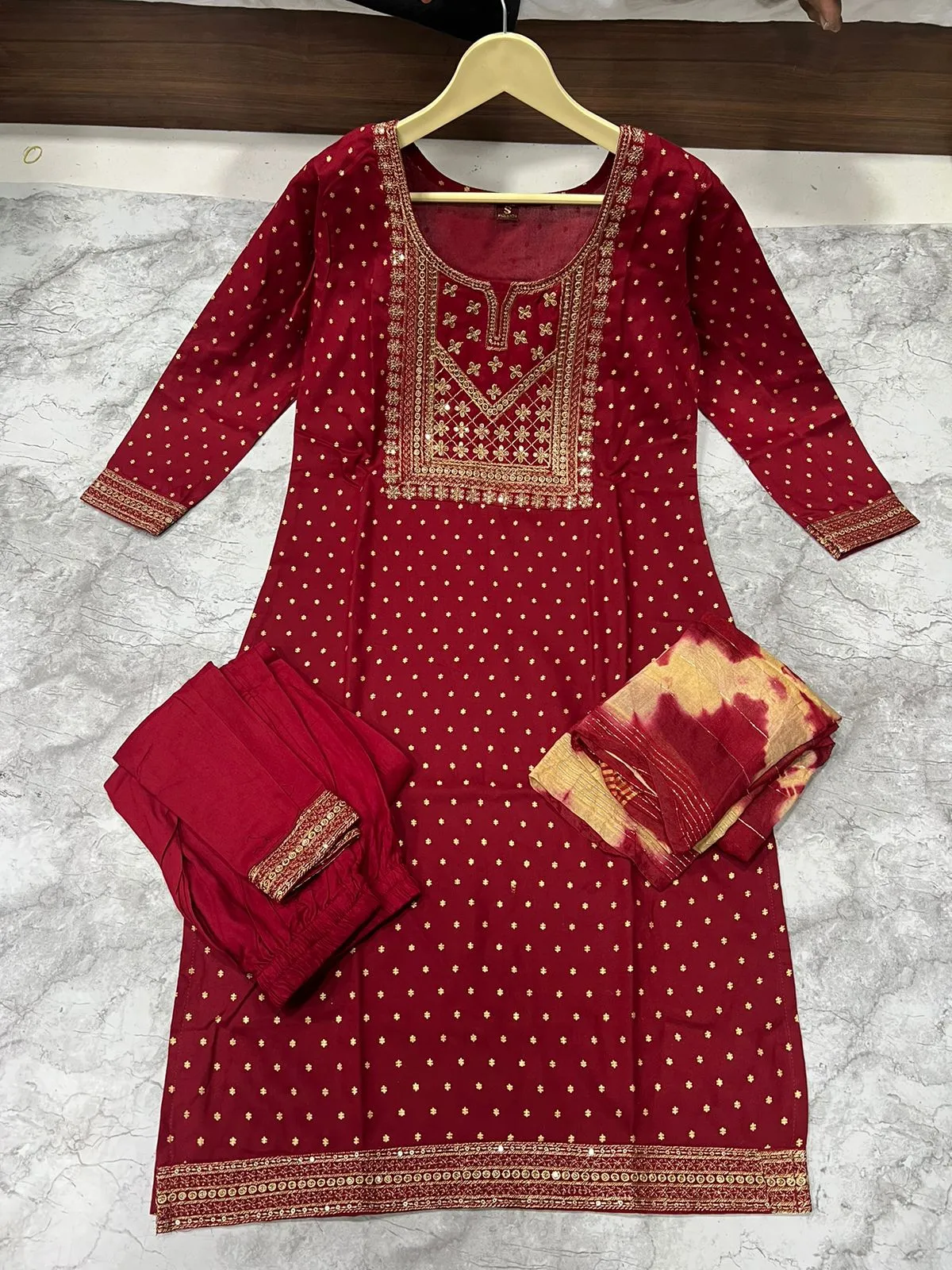 Rayon Embroidery Sequence Party Wear Women's Kurta Suit Red