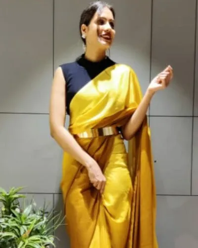 Ready to wear Sari 1 Min Mustard Stitched Saree