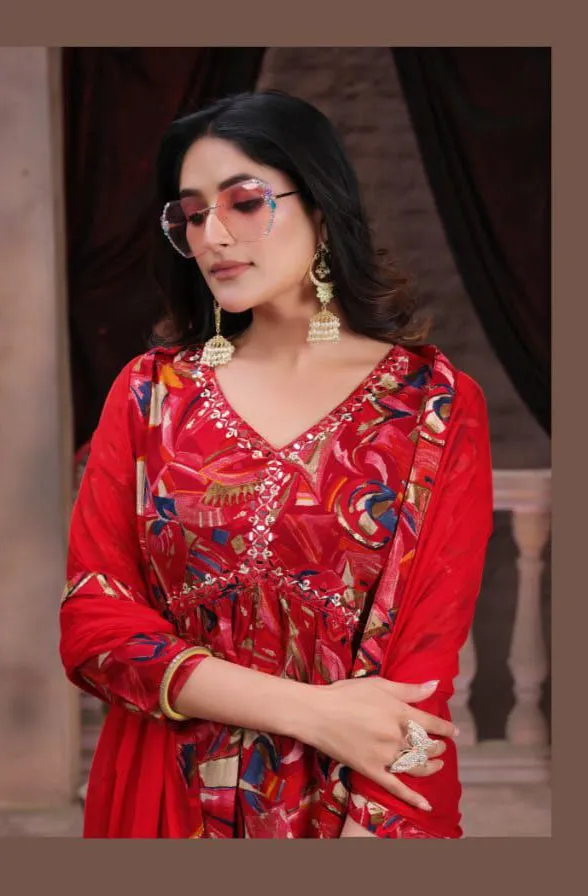 Red Party Wear Alia Cut Kurti Pant Dupatta Suit