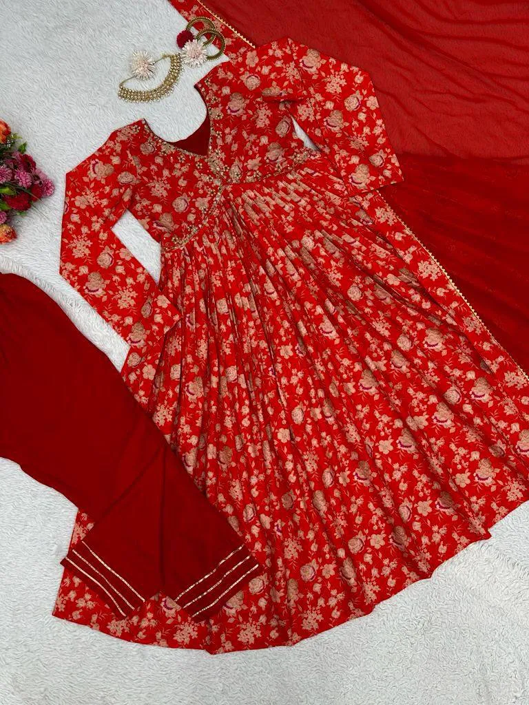 Red Party wear Kurti Pant Dupatta Suit