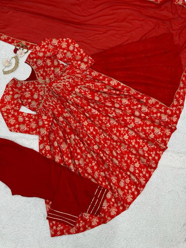 Red Party wear Kurti Pant Dupatta Suit