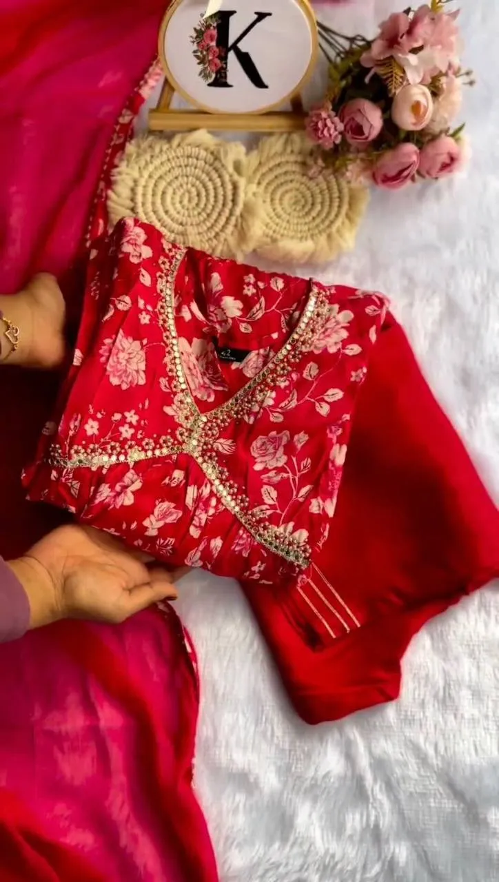 Red Party wear Kurti Pant Dupatta Suit