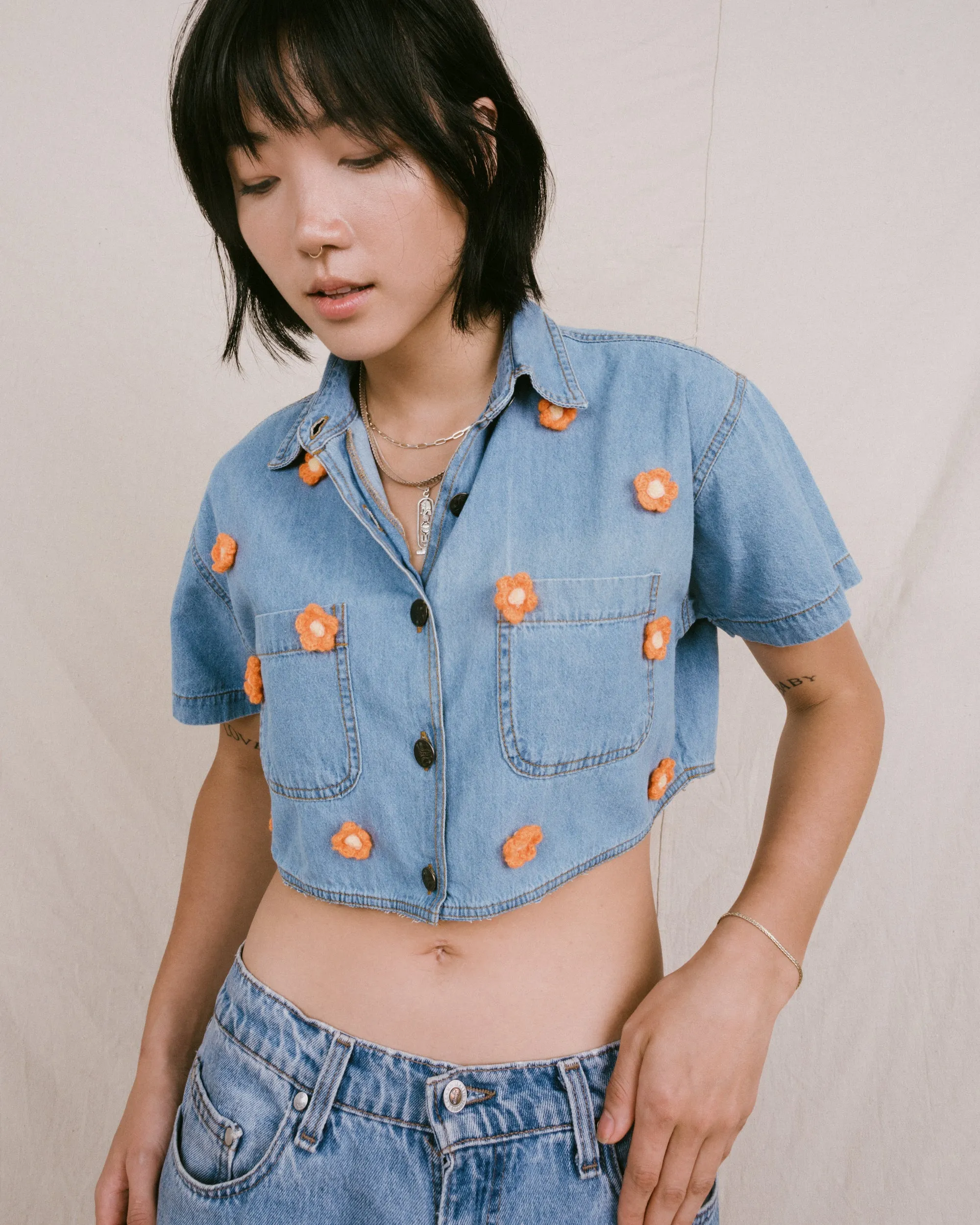 Remade Vintage Flower Denim Top