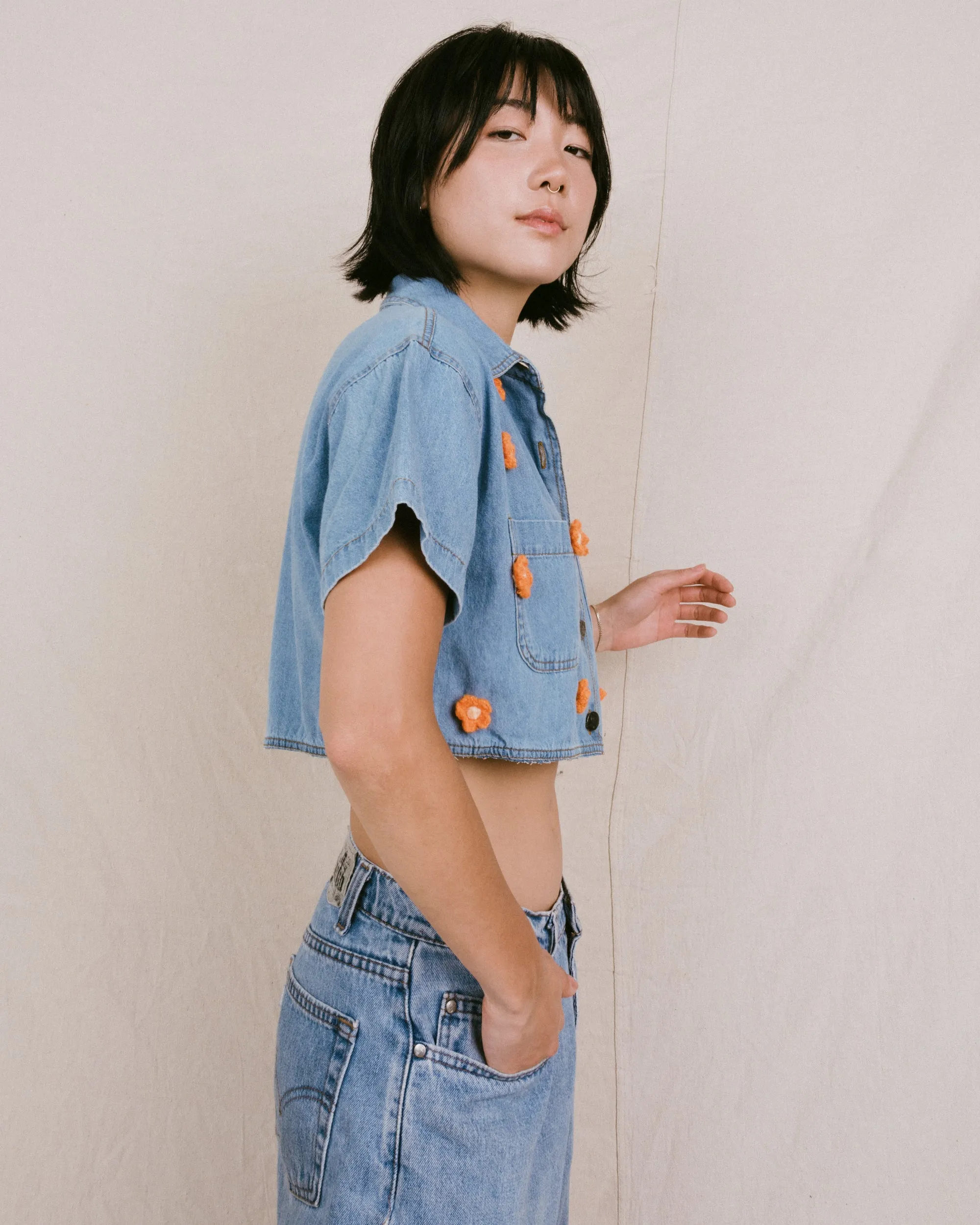 Remade Vintage Flower Denim Top