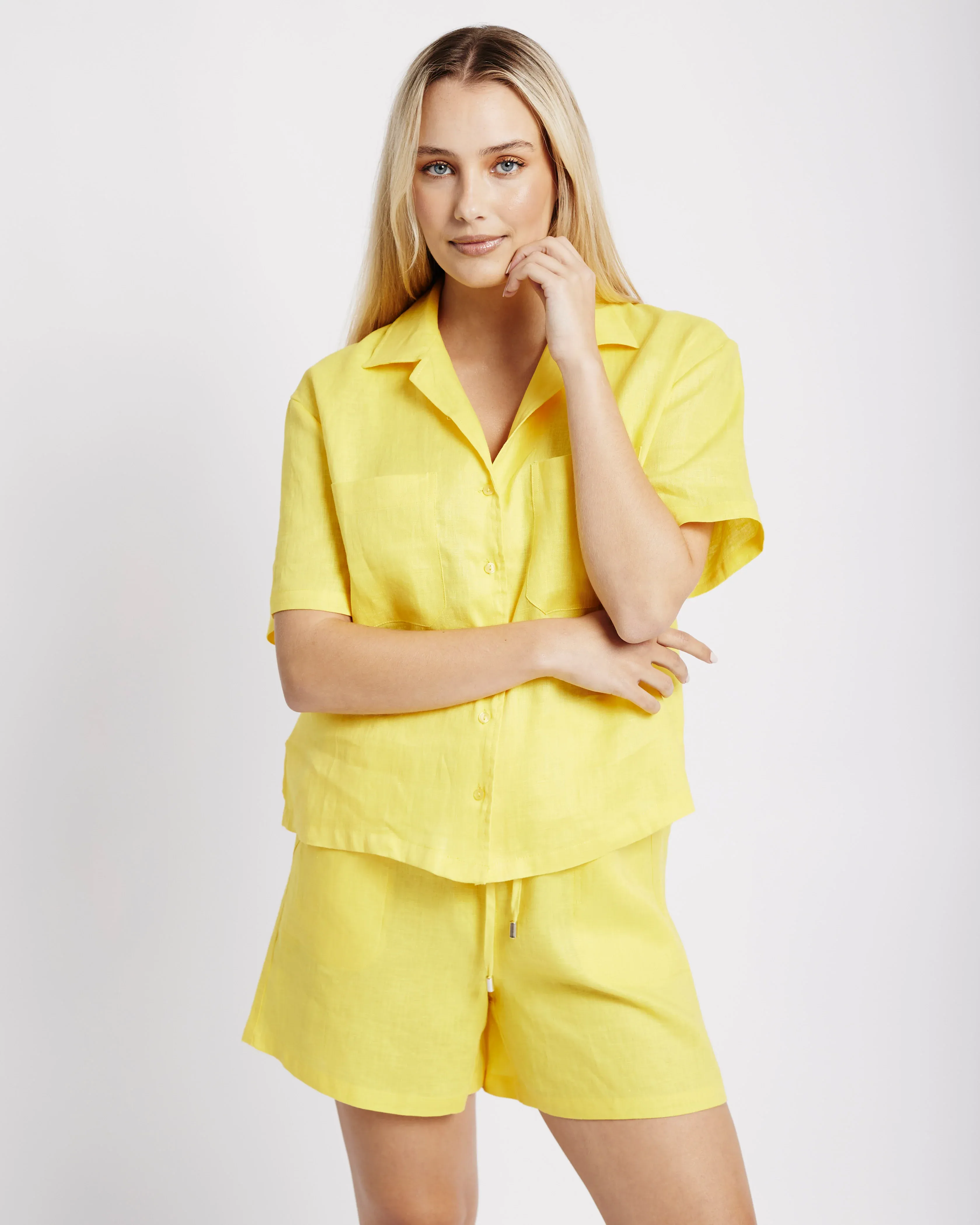 Revere Collar Linen Shirt in Yellow