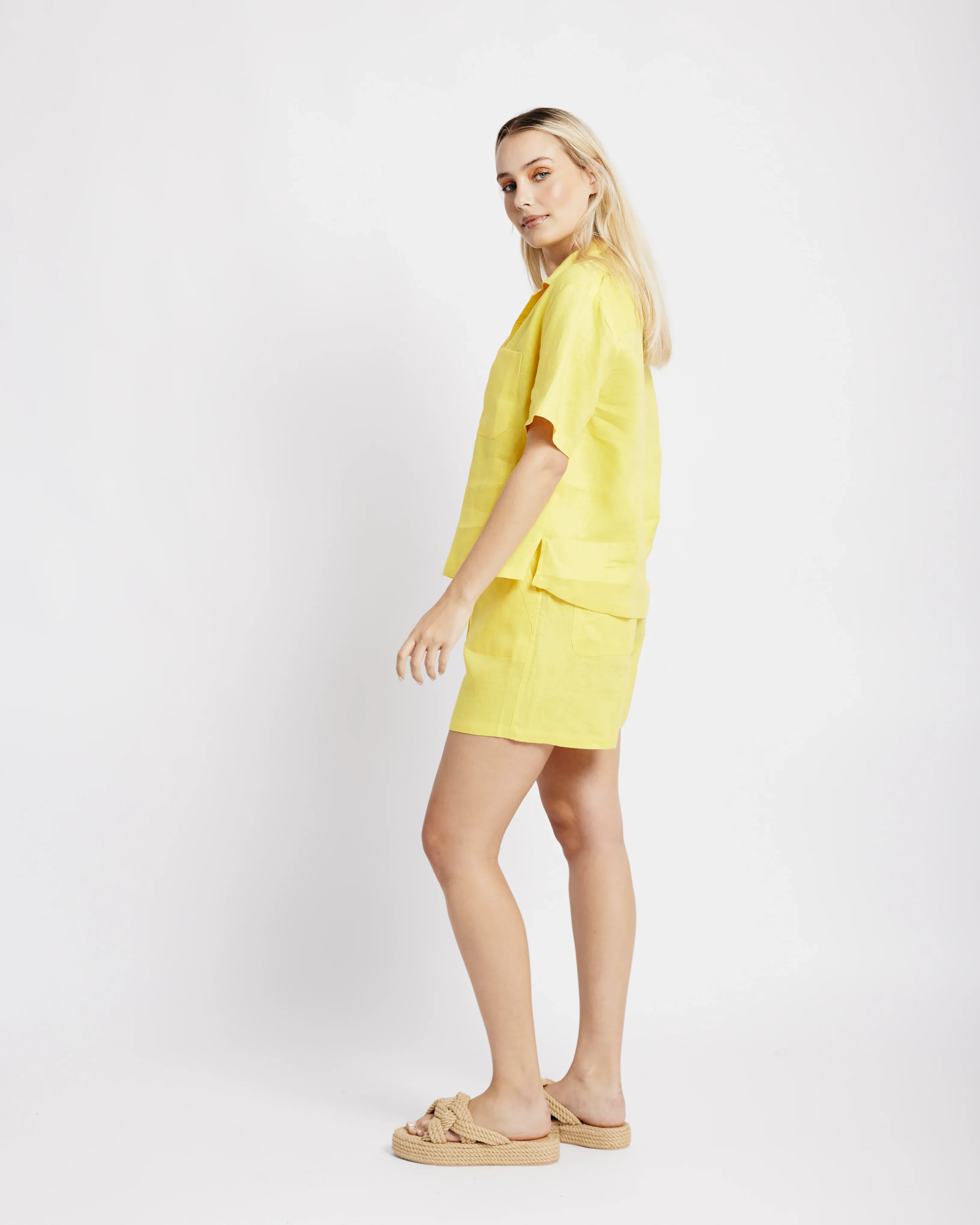 Revere Collar Linen Shirt in Yellow