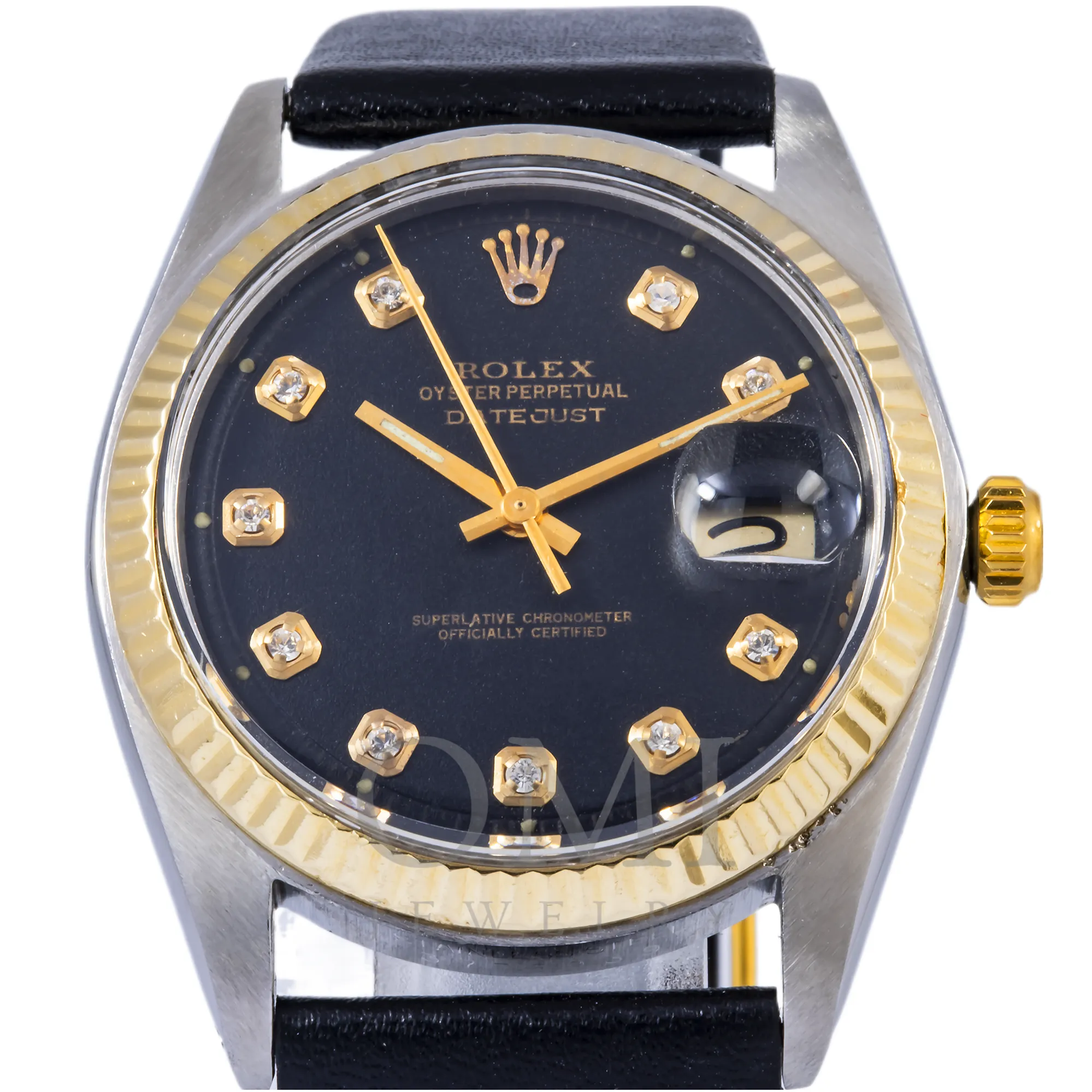 ROLEX DATEJUST 1601 36MM BLACK DIAMOND DIAL WITH BLACK LEATHER STRAP