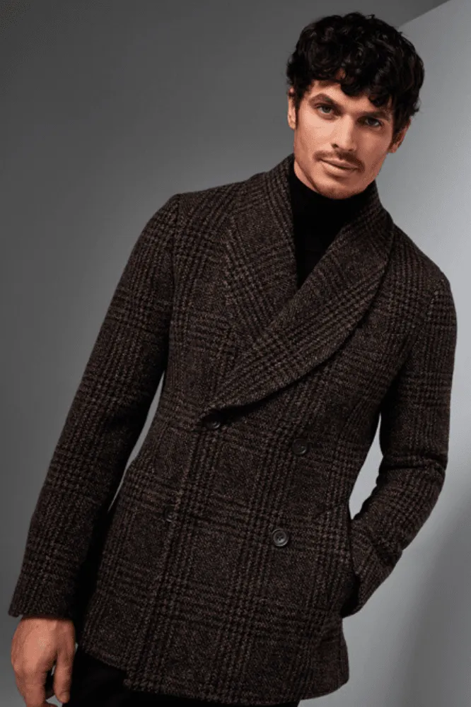 Roman Shawl Coat - Brown and Black Check Wool