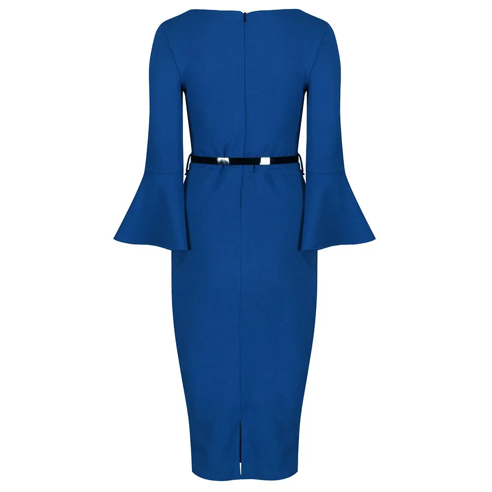 Royal Blue Belted 40s Style Peplum Sleeve Bodycon Wiggle Dress