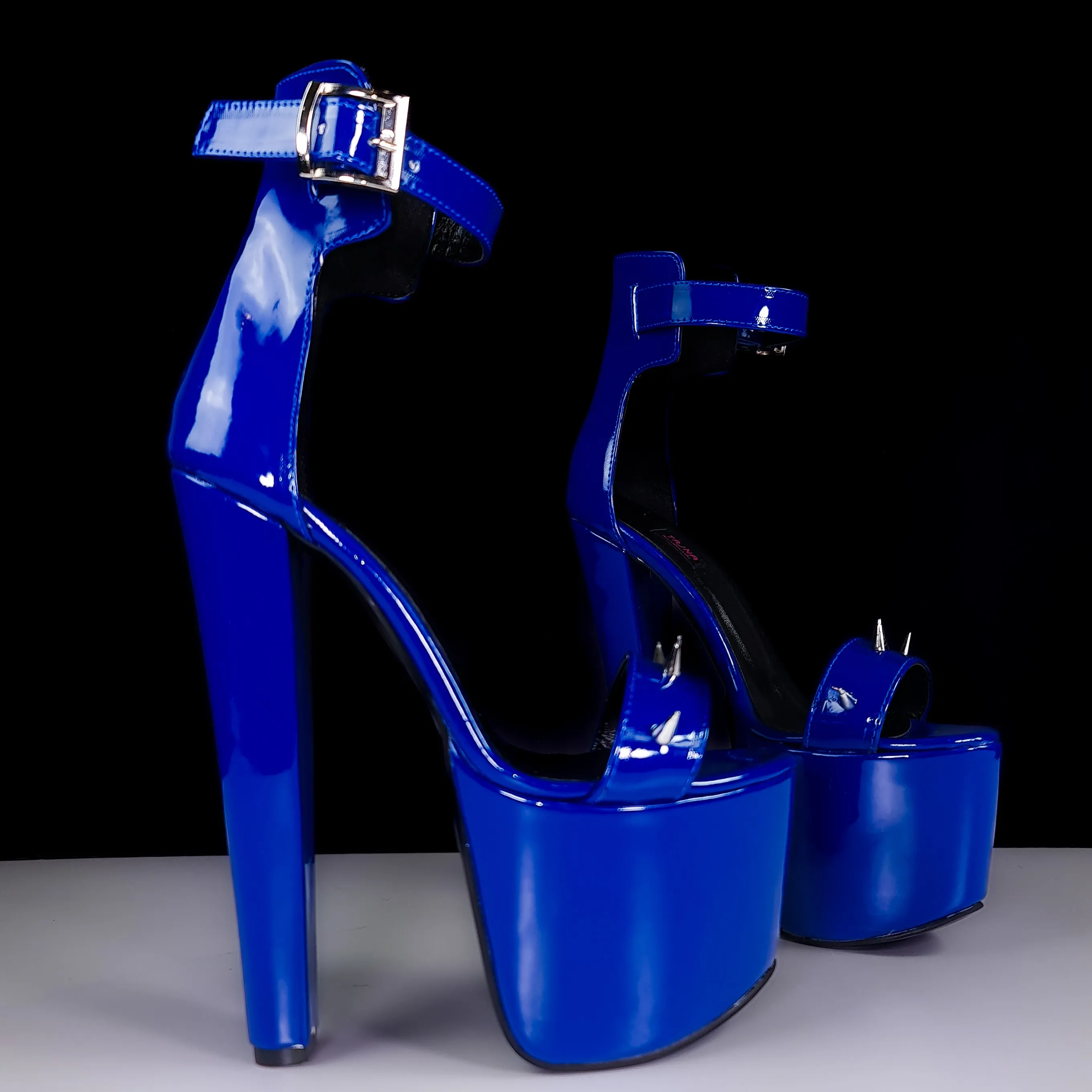 Royal Blue Gloss Spike Strap Ankle Belted Heels