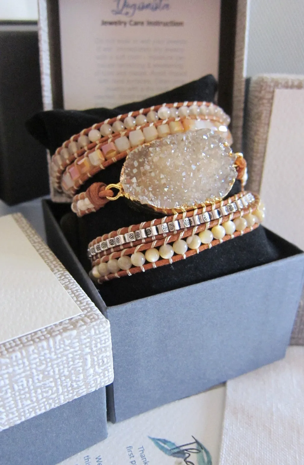 SALE - Natural Druzy Stone w/ Mother of Pearl Mix Wrap Bracelet