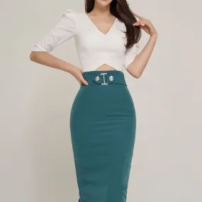 Set: Elbow-Sleeve V-Neck Cropped Blouse   High Waist Midi Pencil Skirt EE12