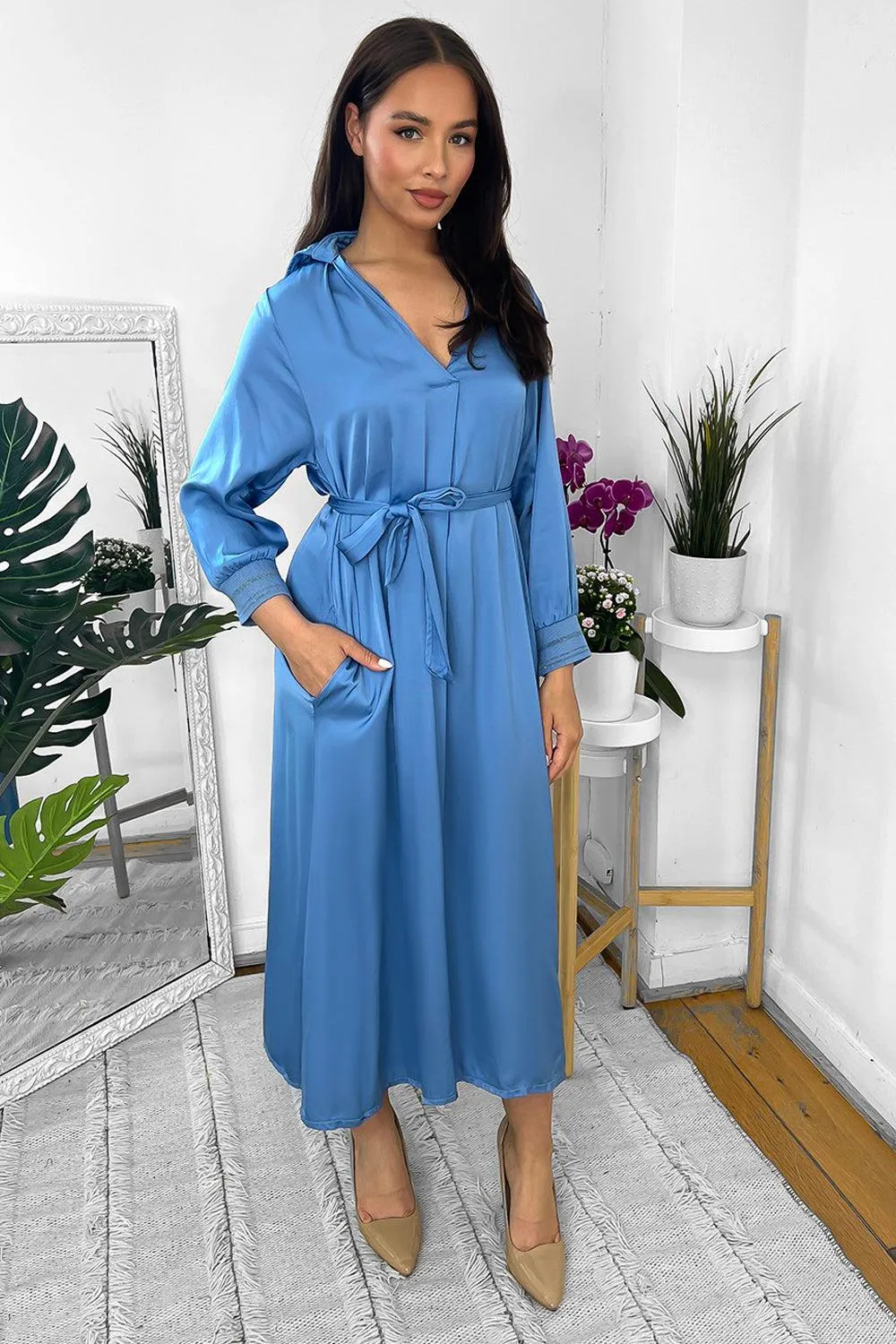 Silk Blend Satin Belted Midi Shirt Dress