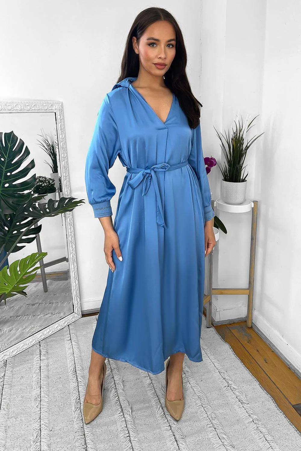 Silk Blend Satin Belted Midi Shirt Dress