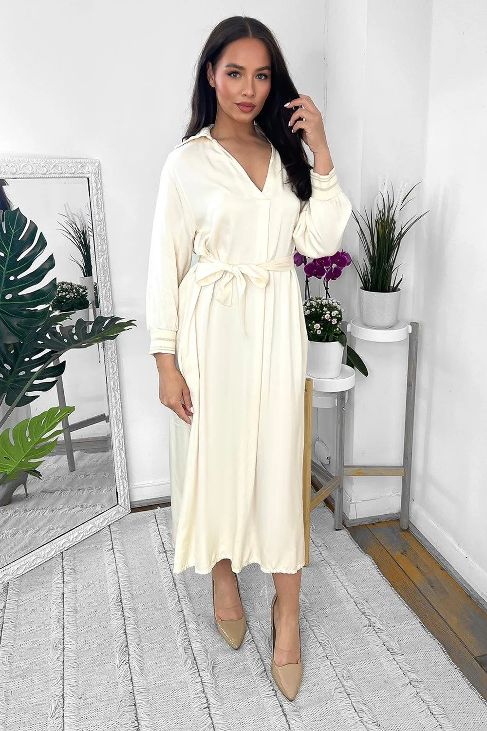 Silk Blend Satin Belted Midi Shirt Dress