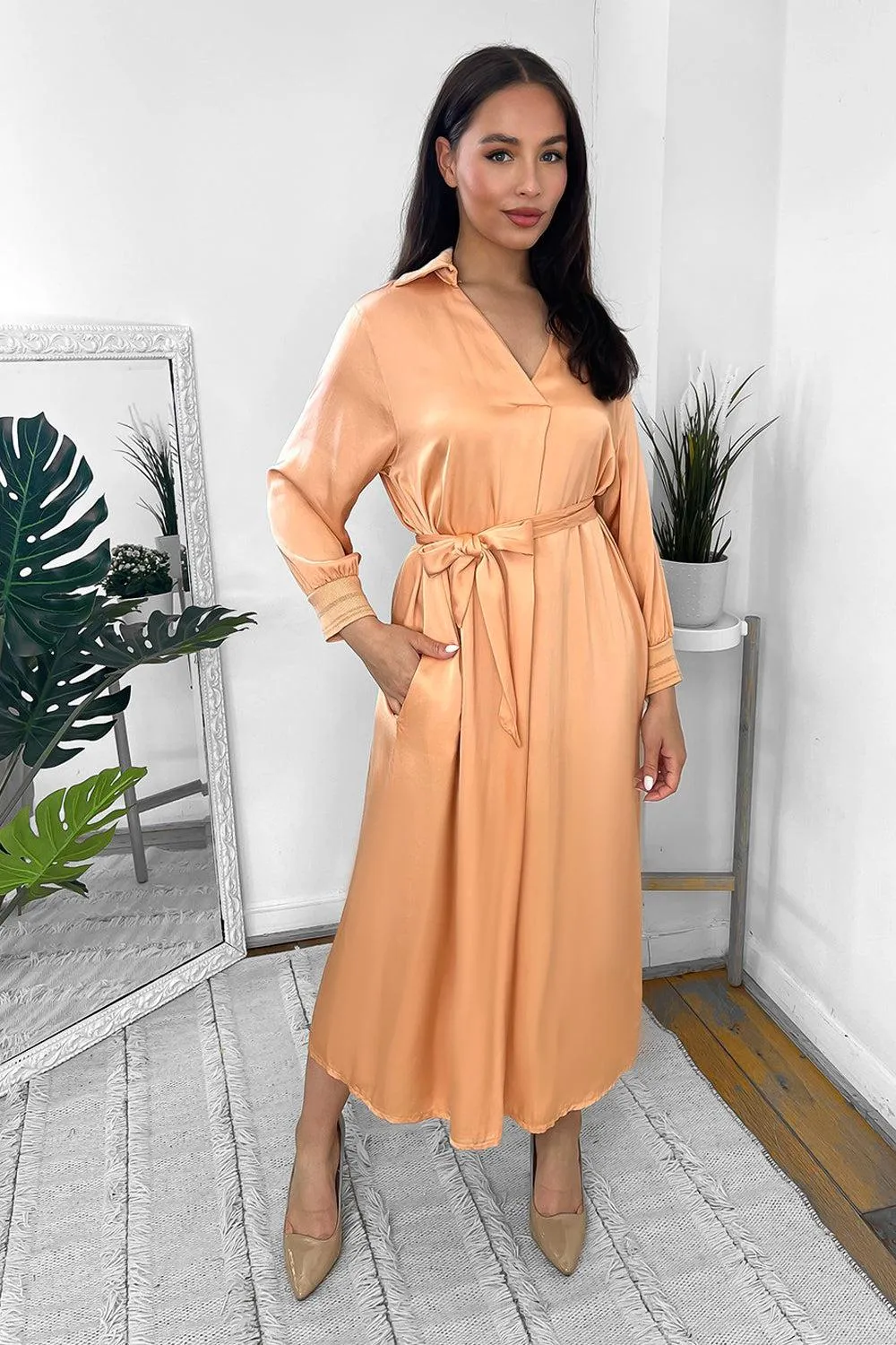 Silk Blend Satin Belted Midi Shirt Dress