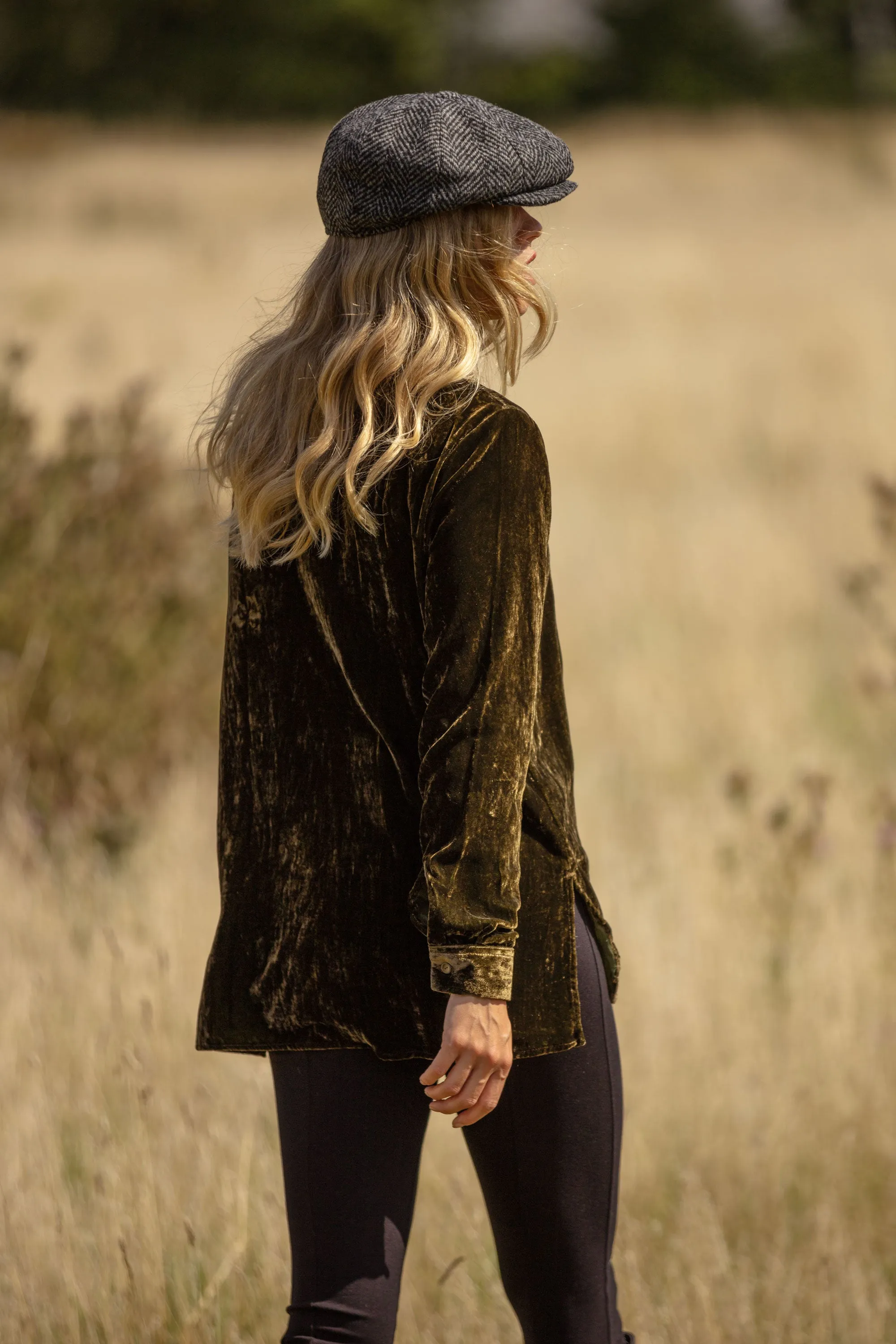 Silk Velvet Shirt In Olive Green