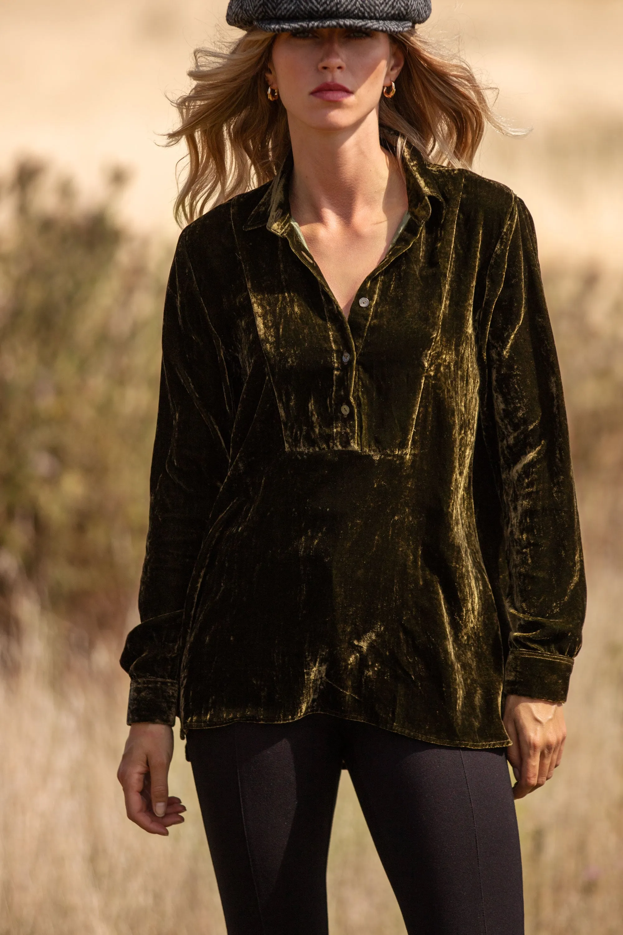 Silk Velvet Shirt In Olive Green